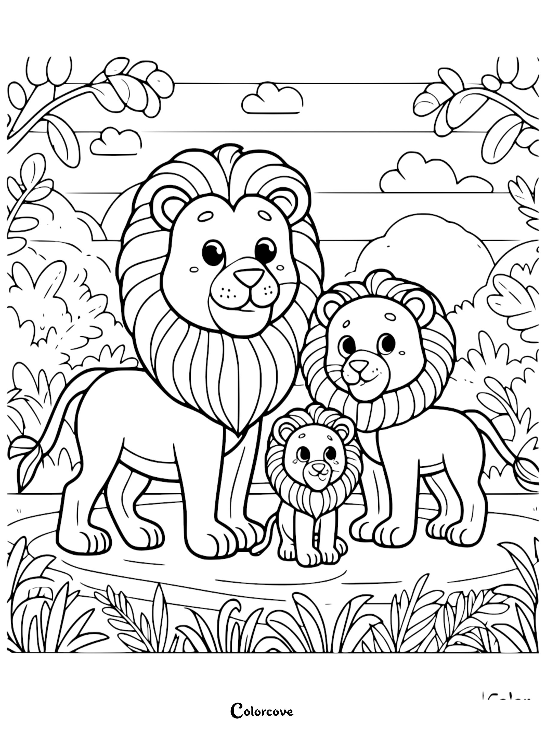 A cute lion family consisting of a large adult male lion, a medium-sized lion, and a small lion cub standing together in a jungle setting, line art coloring page.