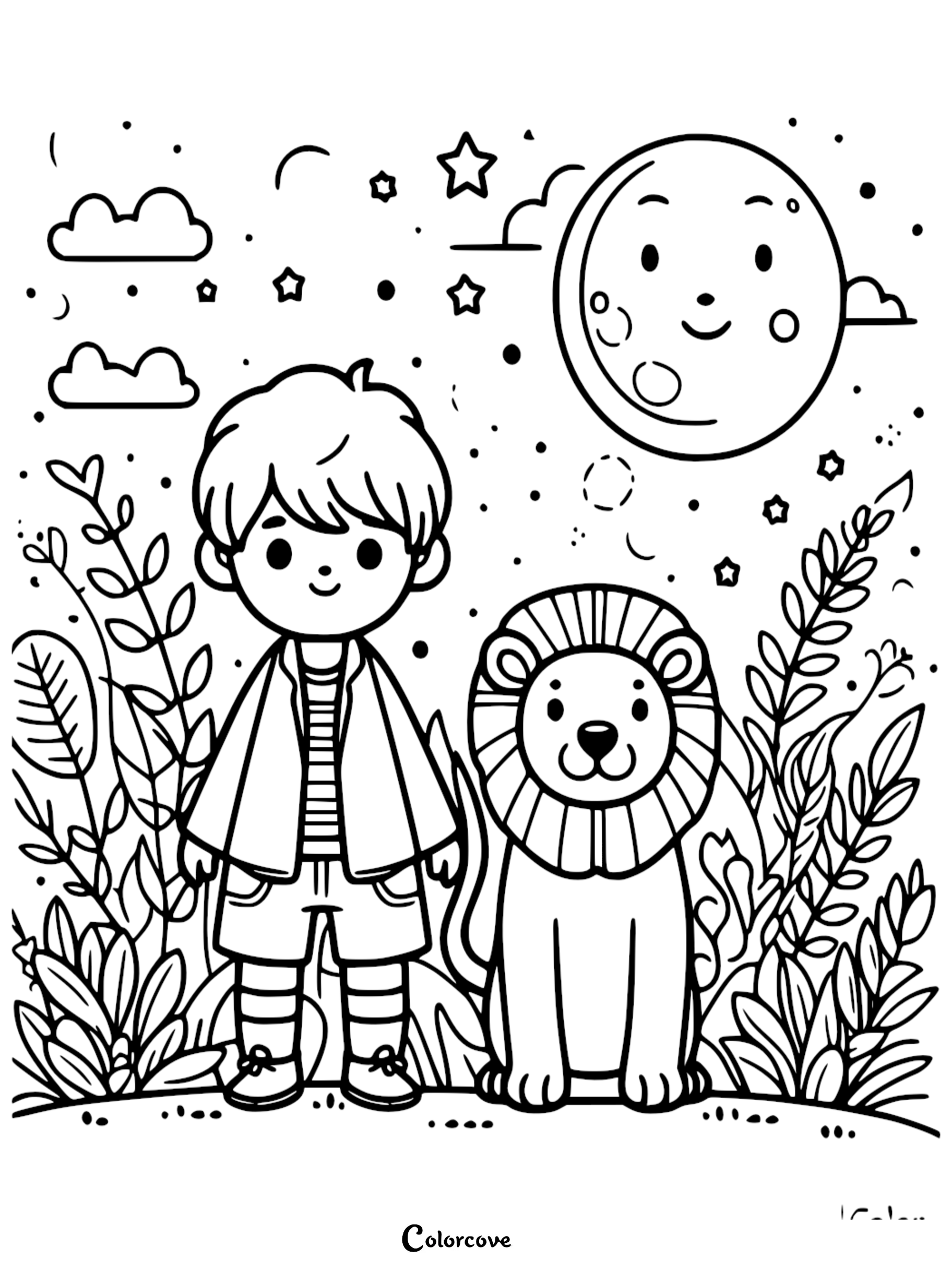 A boy standing next to a cute lion in a jungle setting under a smiling moon, printable coloring page for kids.
