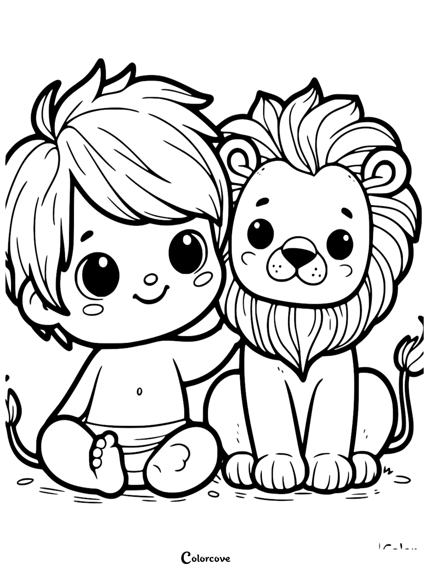 A cute lion sitting next to a baby in a diaper, line art coloring page with thick outlines.