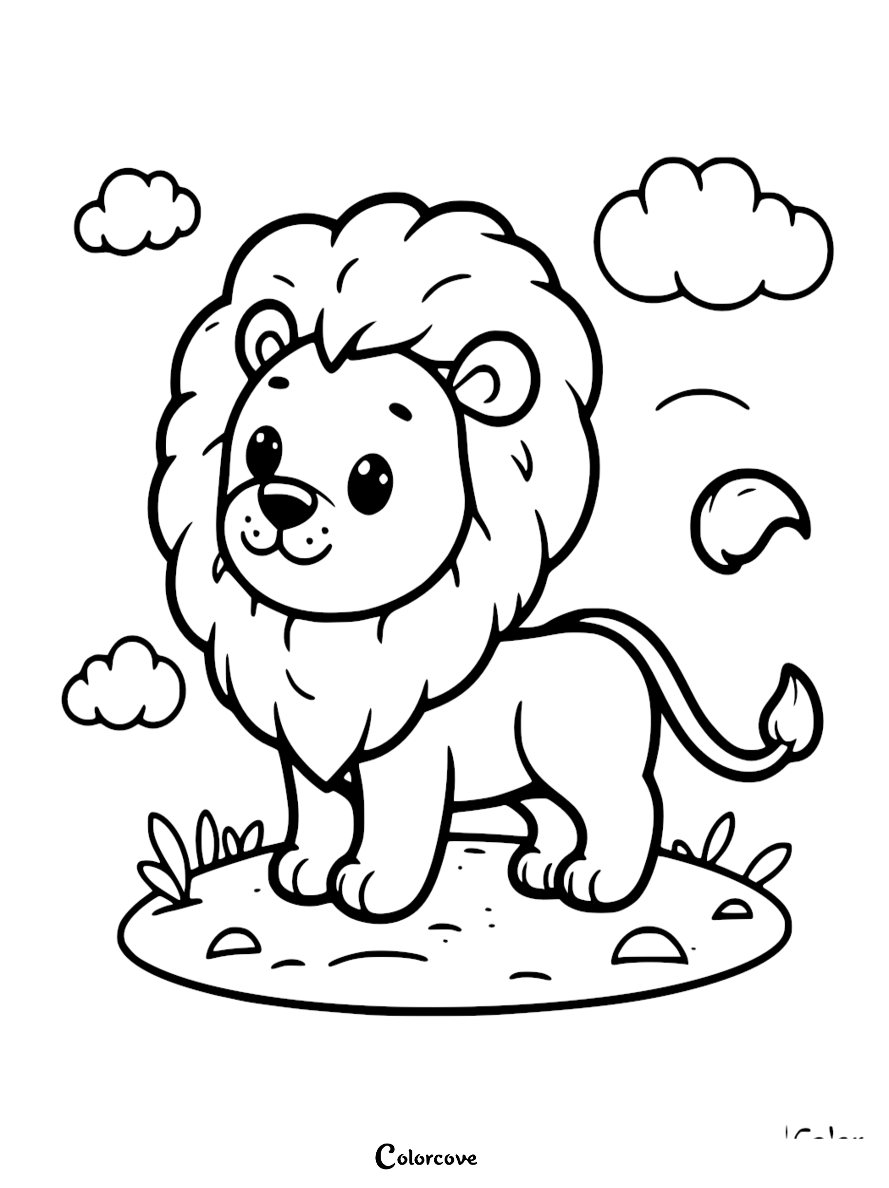 A cute lion standing on a grassy hill with fluffy clouds in the background, simple line art coloring page.