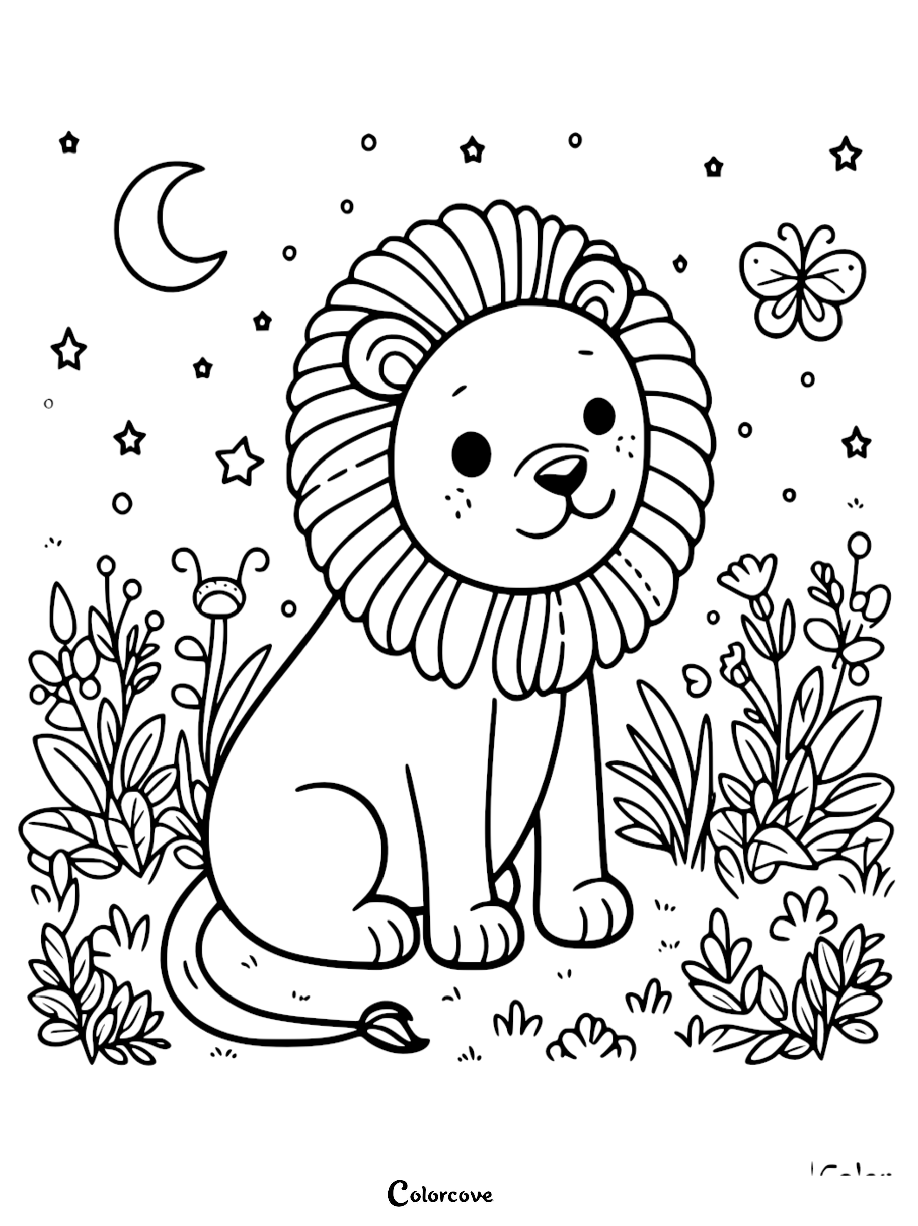 A cute lion sitting in a field of flowers under a crescent moon and stars, printable coloring page.