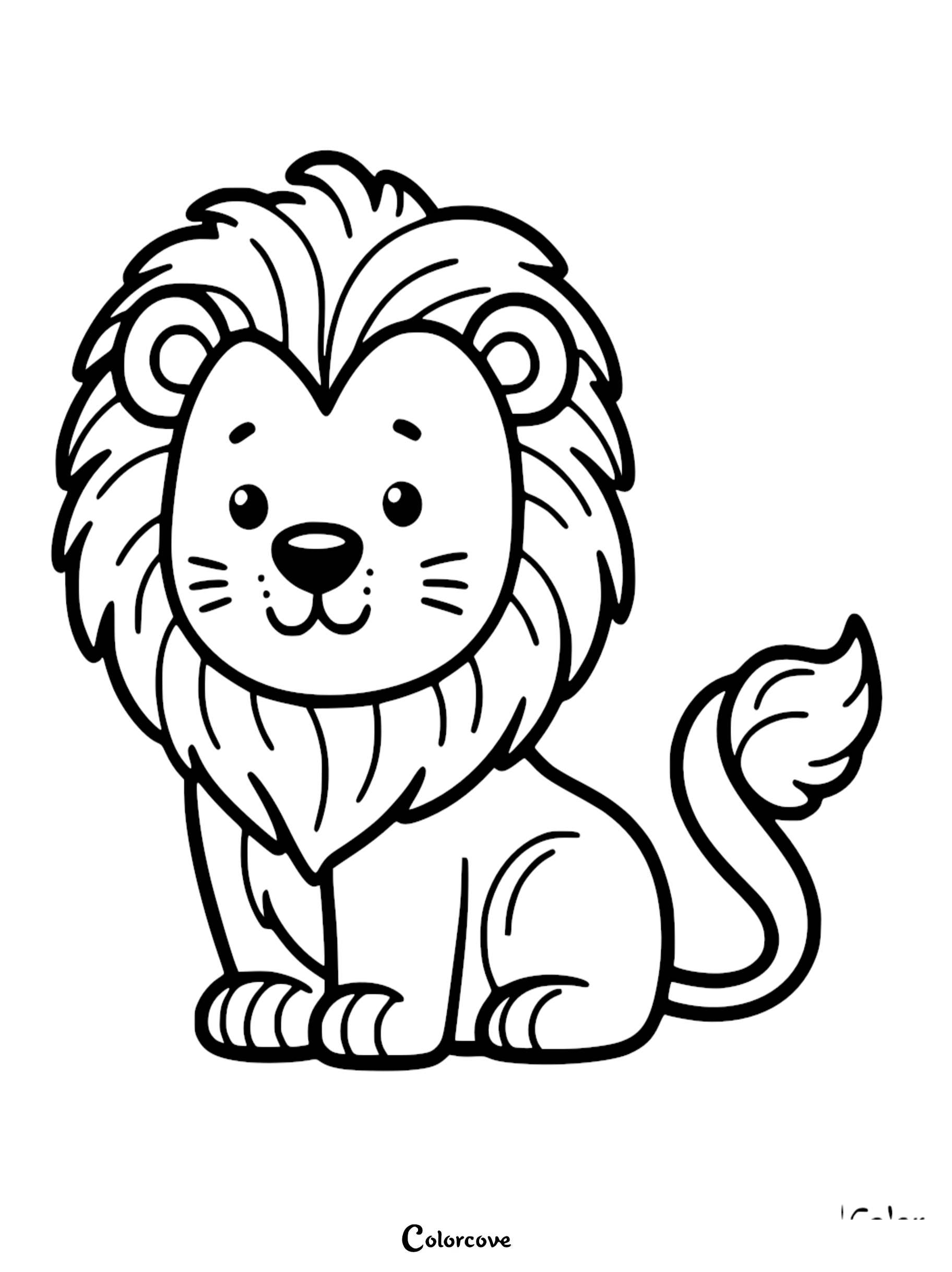 A simple line art coloring page of a cute lion sitting down with a fluffy mane and a curved tail.