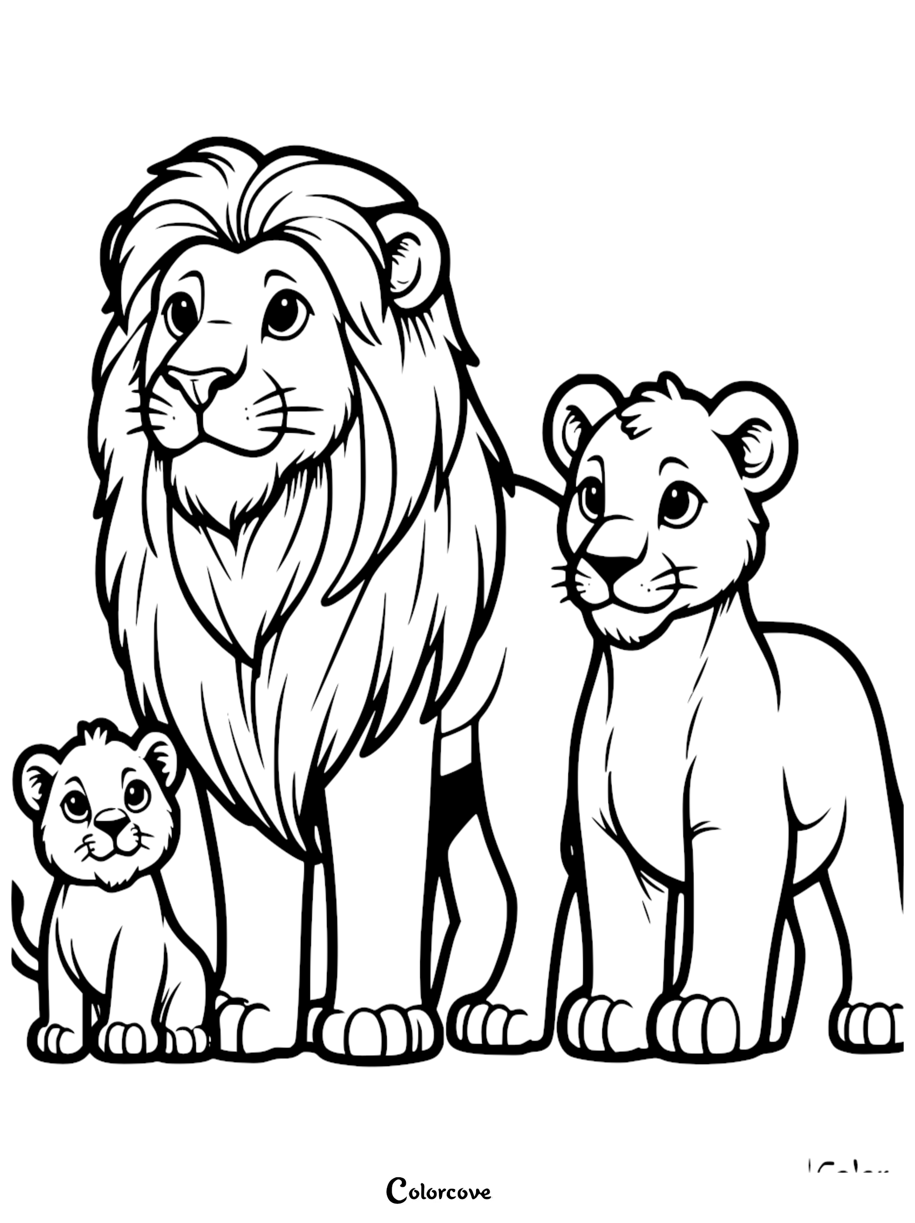 A cute lion family coloring page featuring a large male lion standing next to a young cub and a small baby lion.