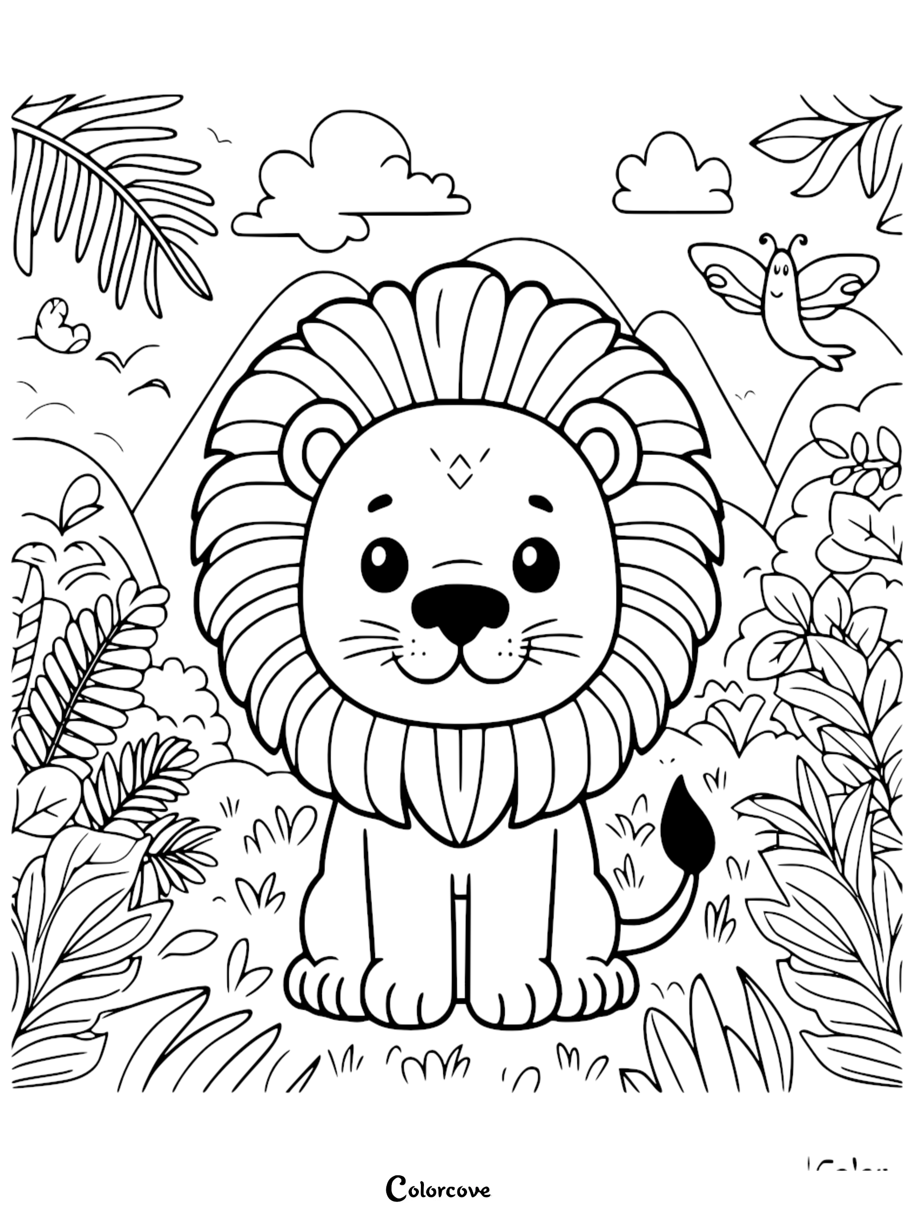 A cute lion sitting in a lush jungle with a butterfly flying nearby, presented as a printable coloring page.