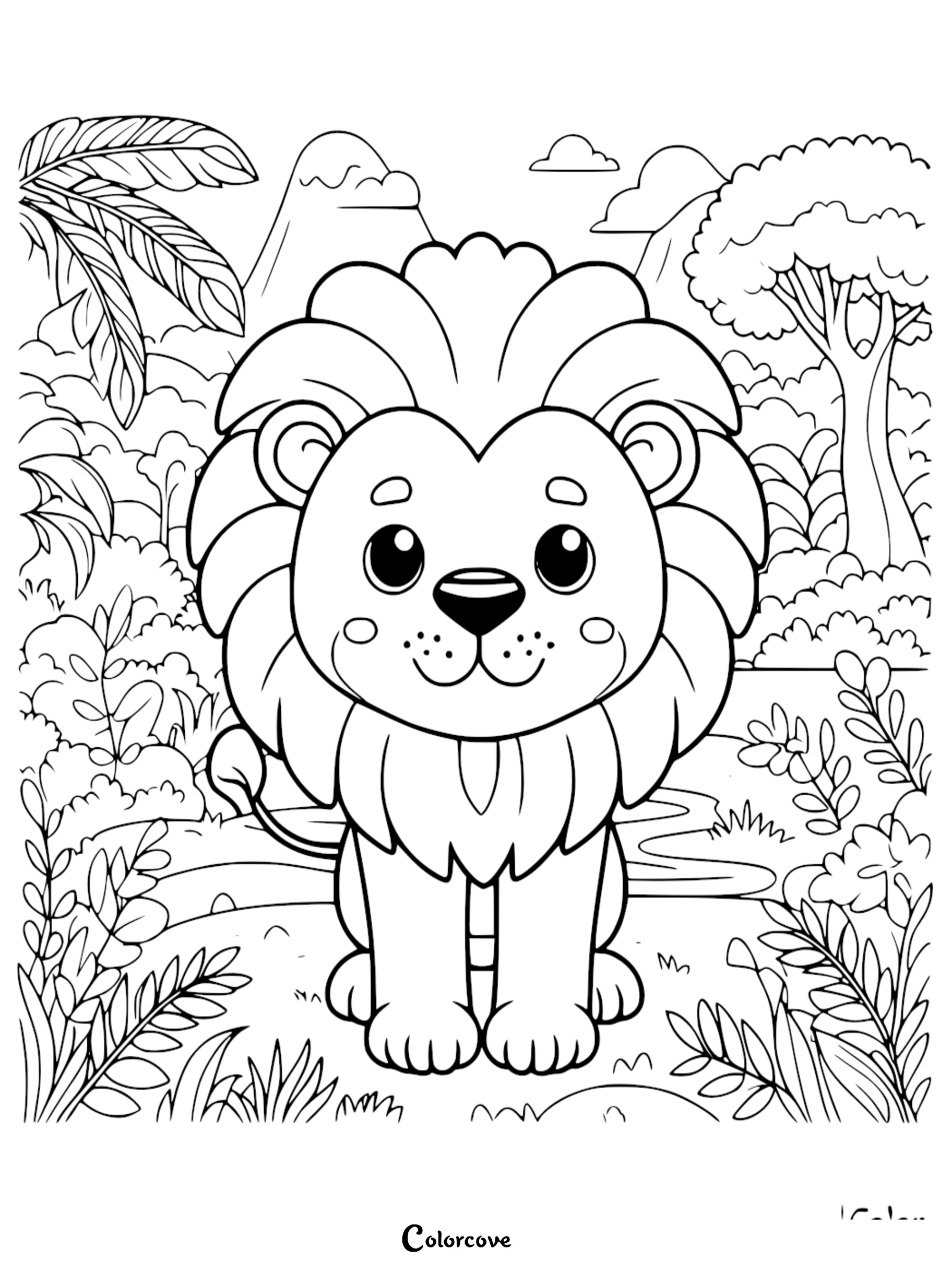 A cute lion with a fluffy mane standing in a lush jungle, printable coloring page for kids.
