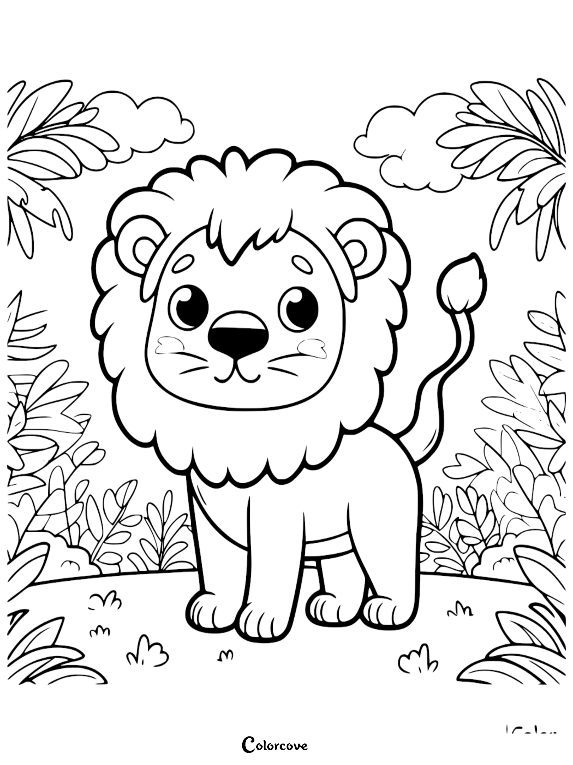 A cute lion with a fluffy mane standing in a jungle setting, printable coloring page for kids.