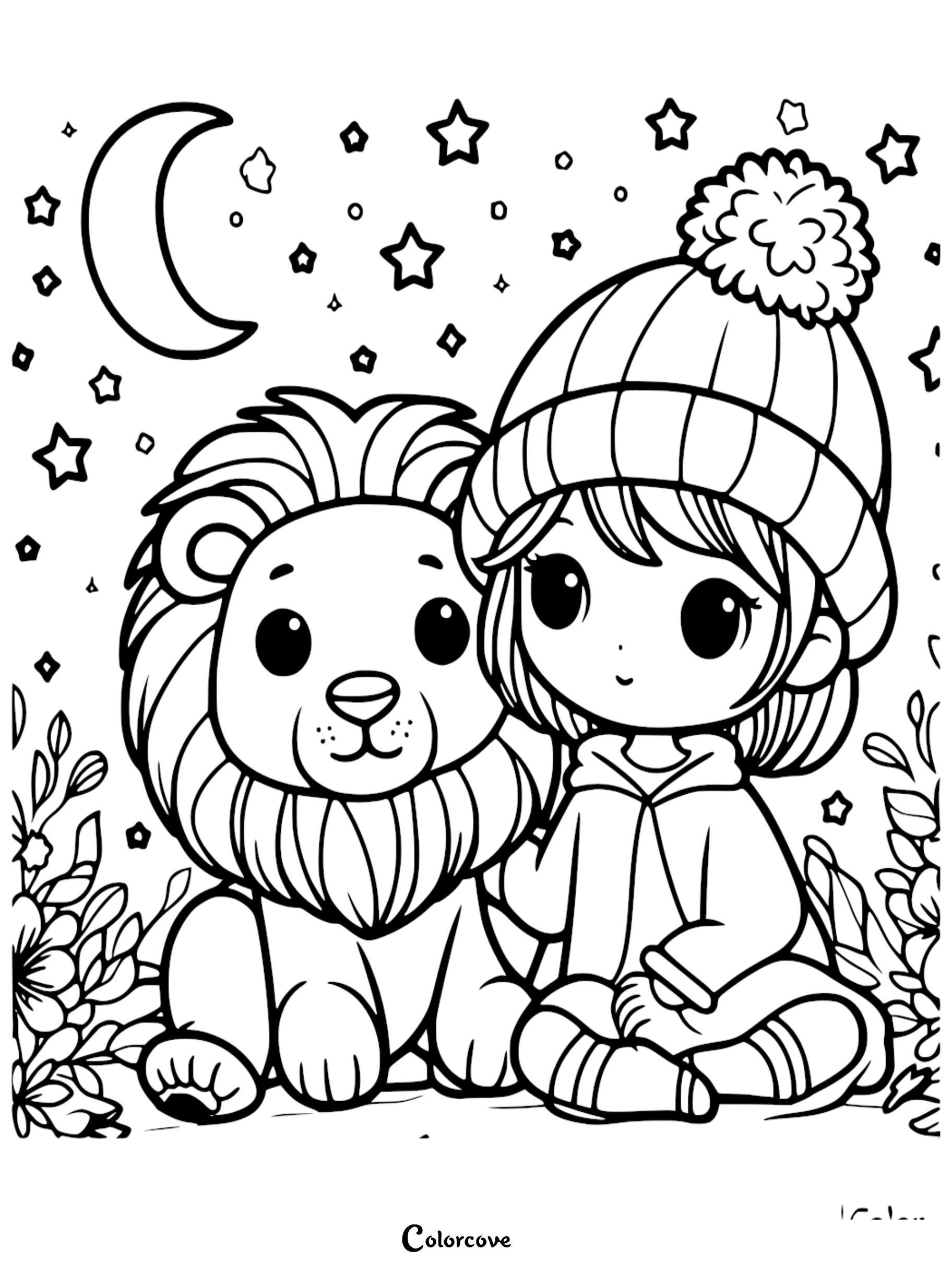 A cute lion sitting next to a girl wearing a pom-pom beanie under a starry night sky, printable coloring page.