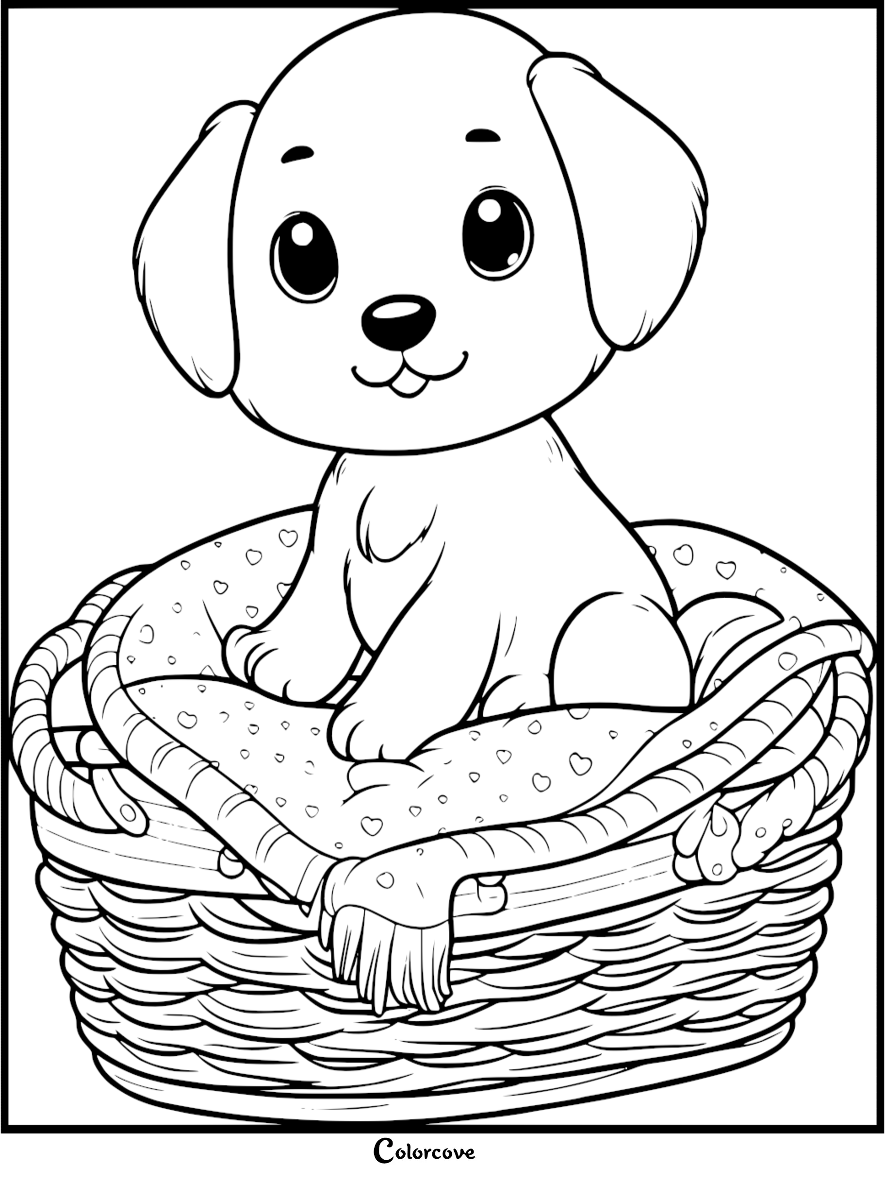 A cute puppy with large eyes sitting inside a woven wicker basket on a heart-patterned blanket, printable coloring page.