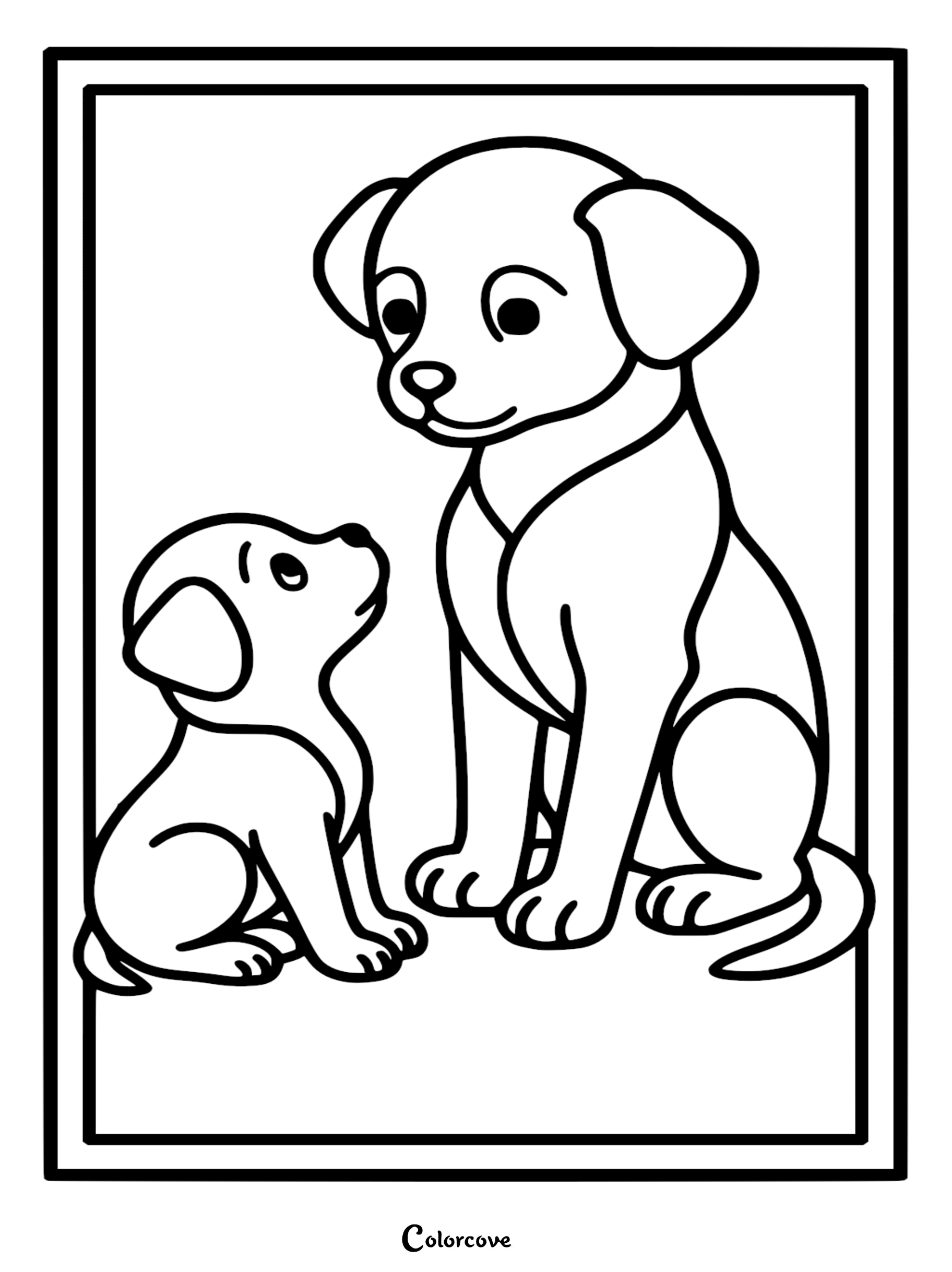 A simple line art coloring page featuring a small puppy sitting and looking up at its mother dog.