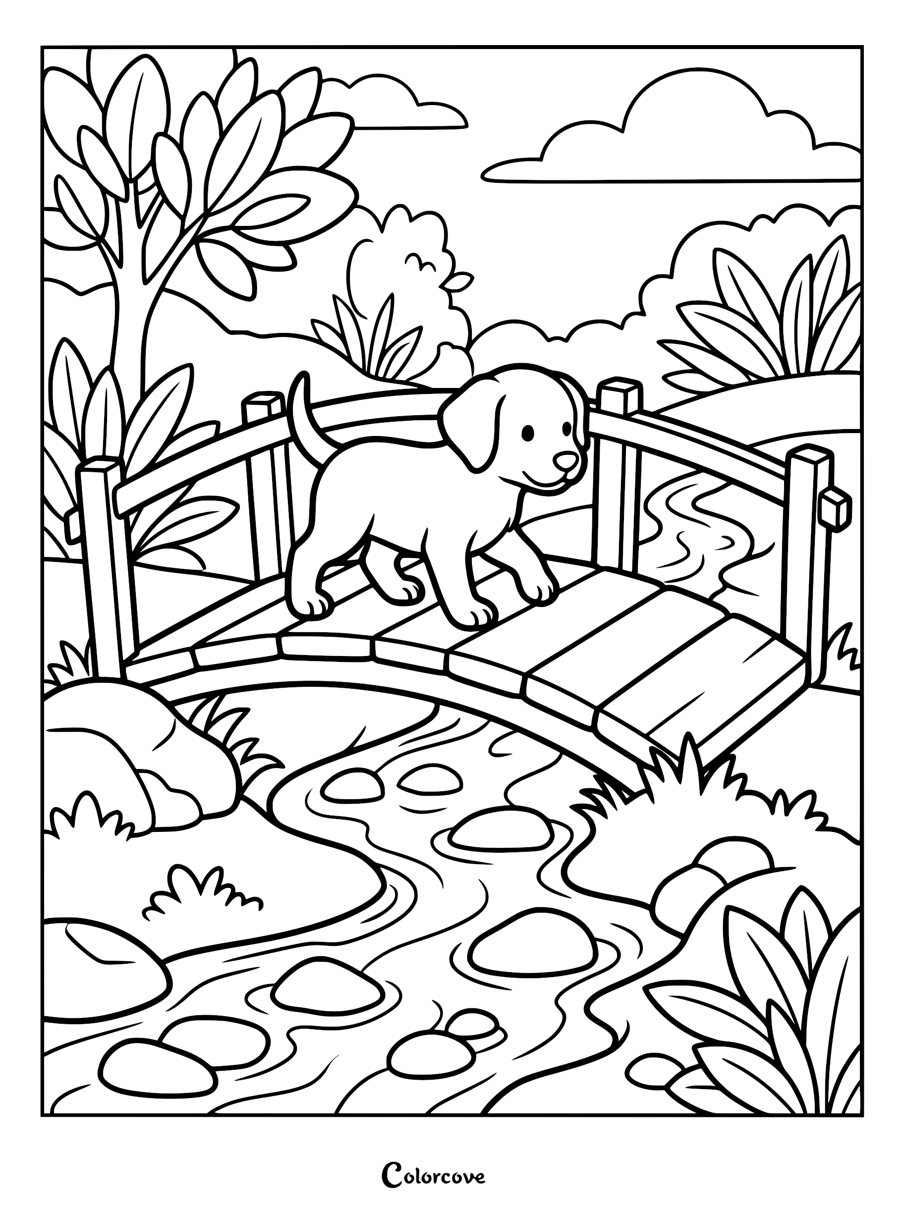 A cute puppy walking across a small wooden bridge over a rocky stream in this printable coloring page.
