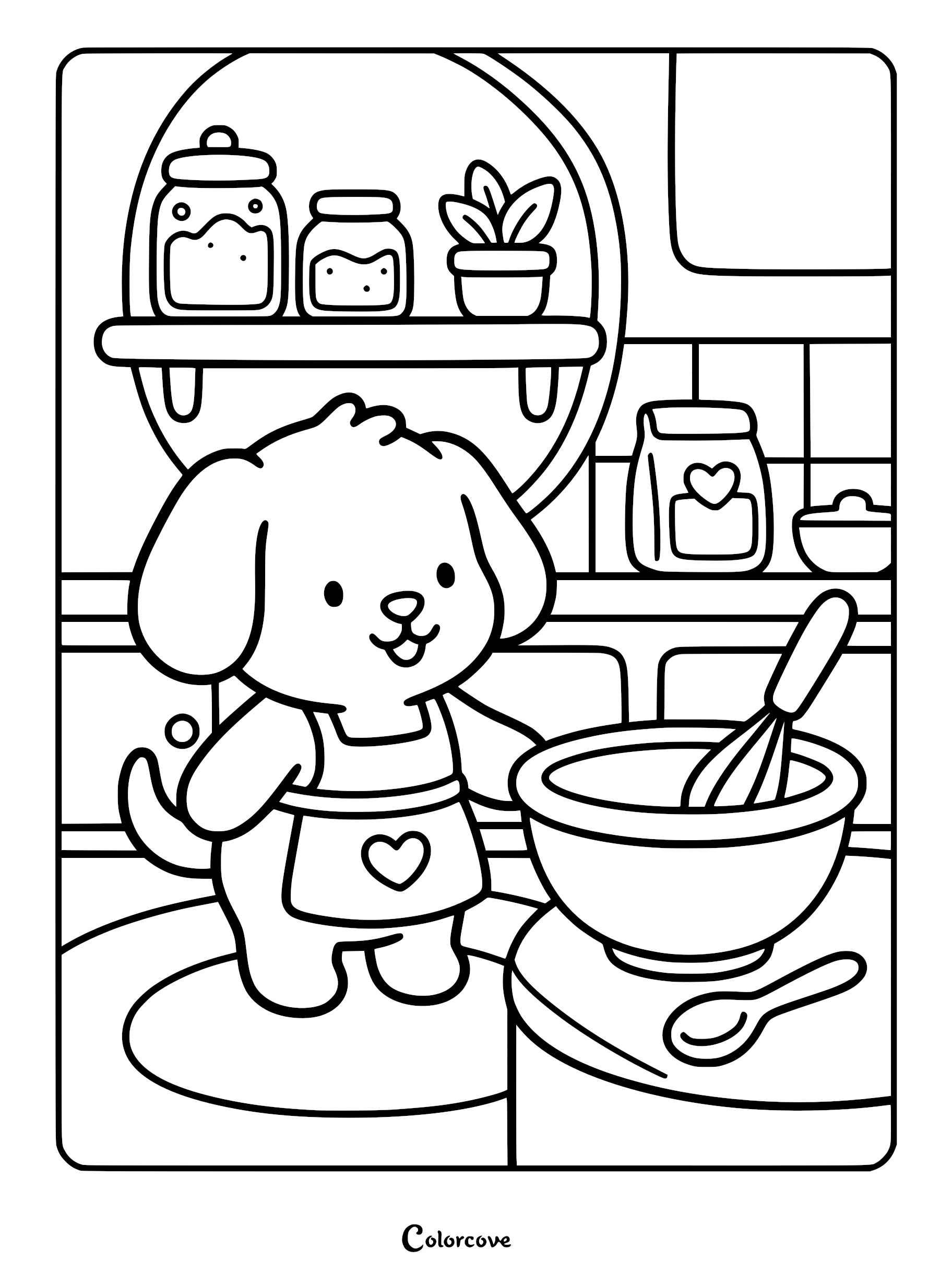 A cute puppy wearing a heart-patterned apron standing in a kitchen with a mixing bowl and whisk, printable coloring page.