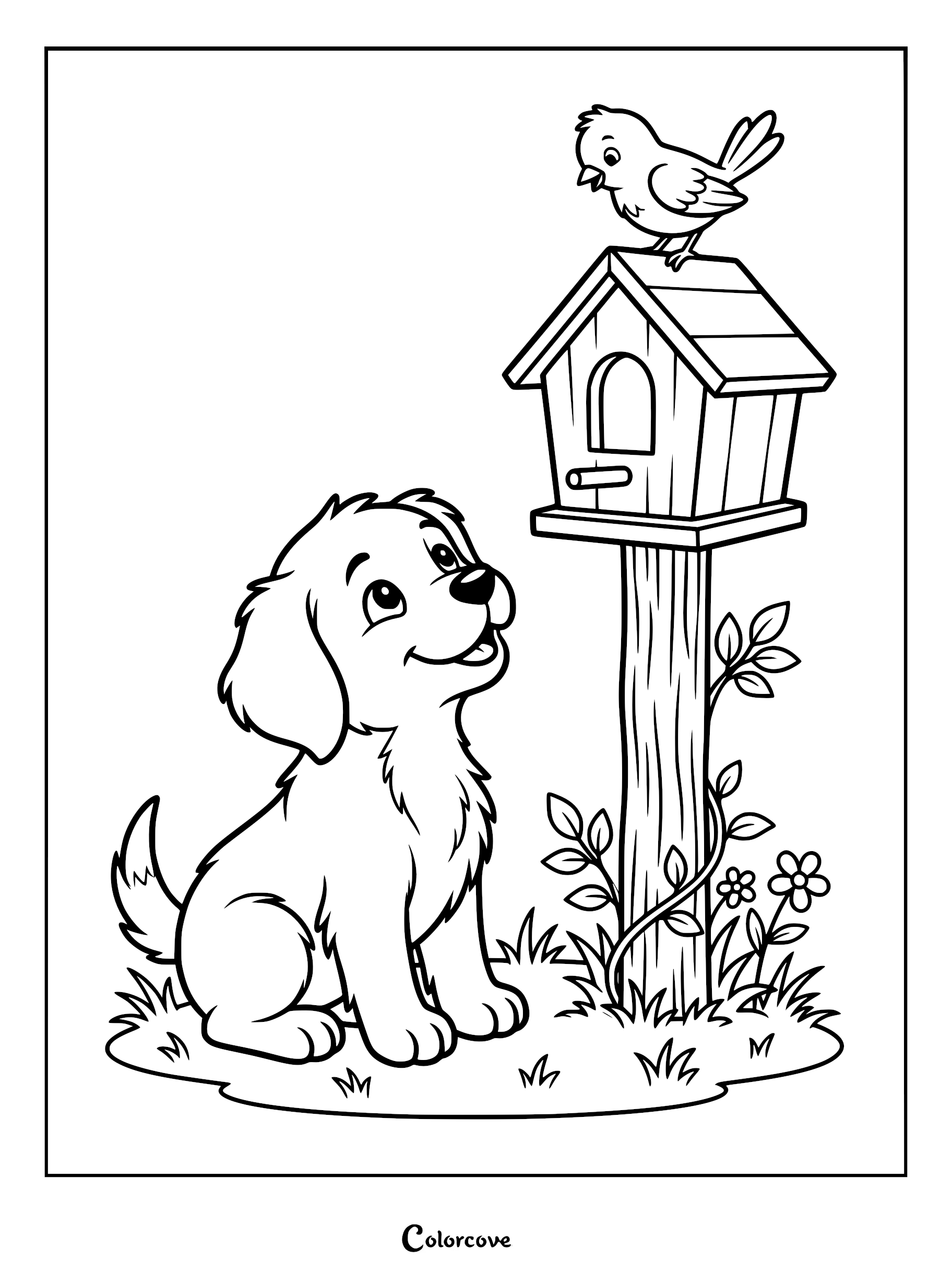 A cute puppy sitting on the grass looking up at a small bird perched on a wooden birdhouse in this printable coloring page.
