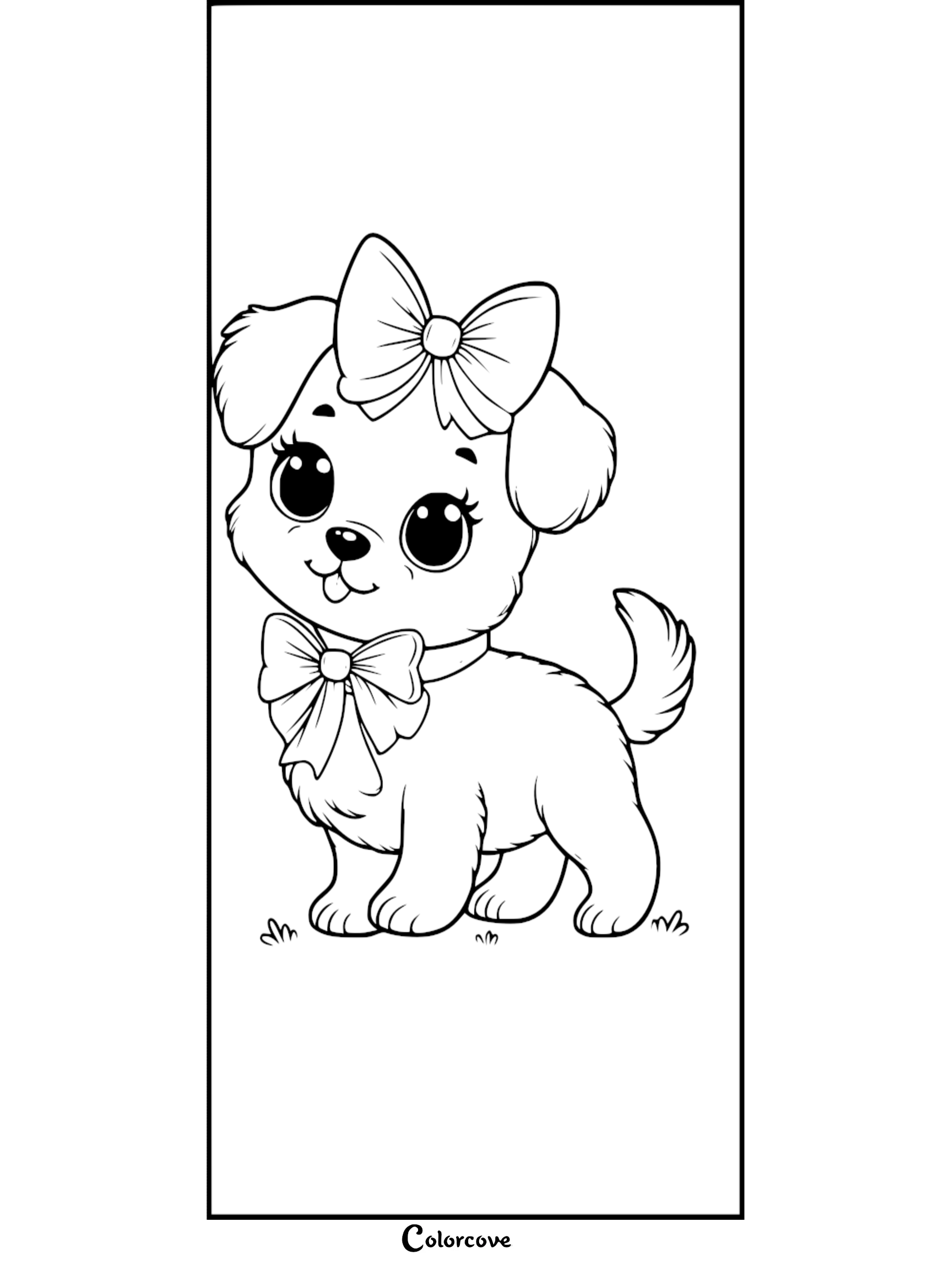 A cute puppy with a large bow on its head and a bow tie around its neck, coloring page style line art.