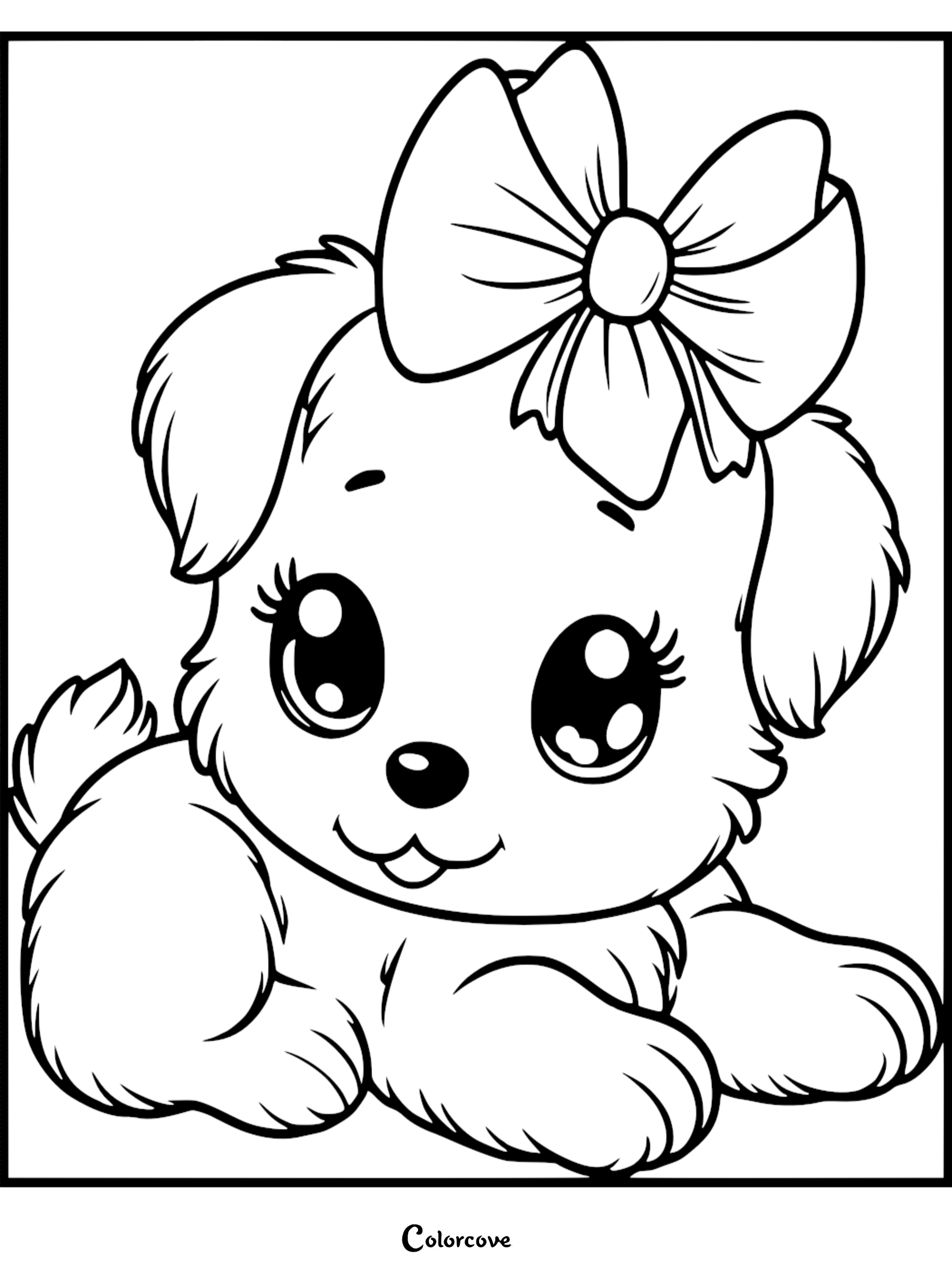 A cute puppy with large expressive eyes and a big bow on its head, featured in a printable coloring page.