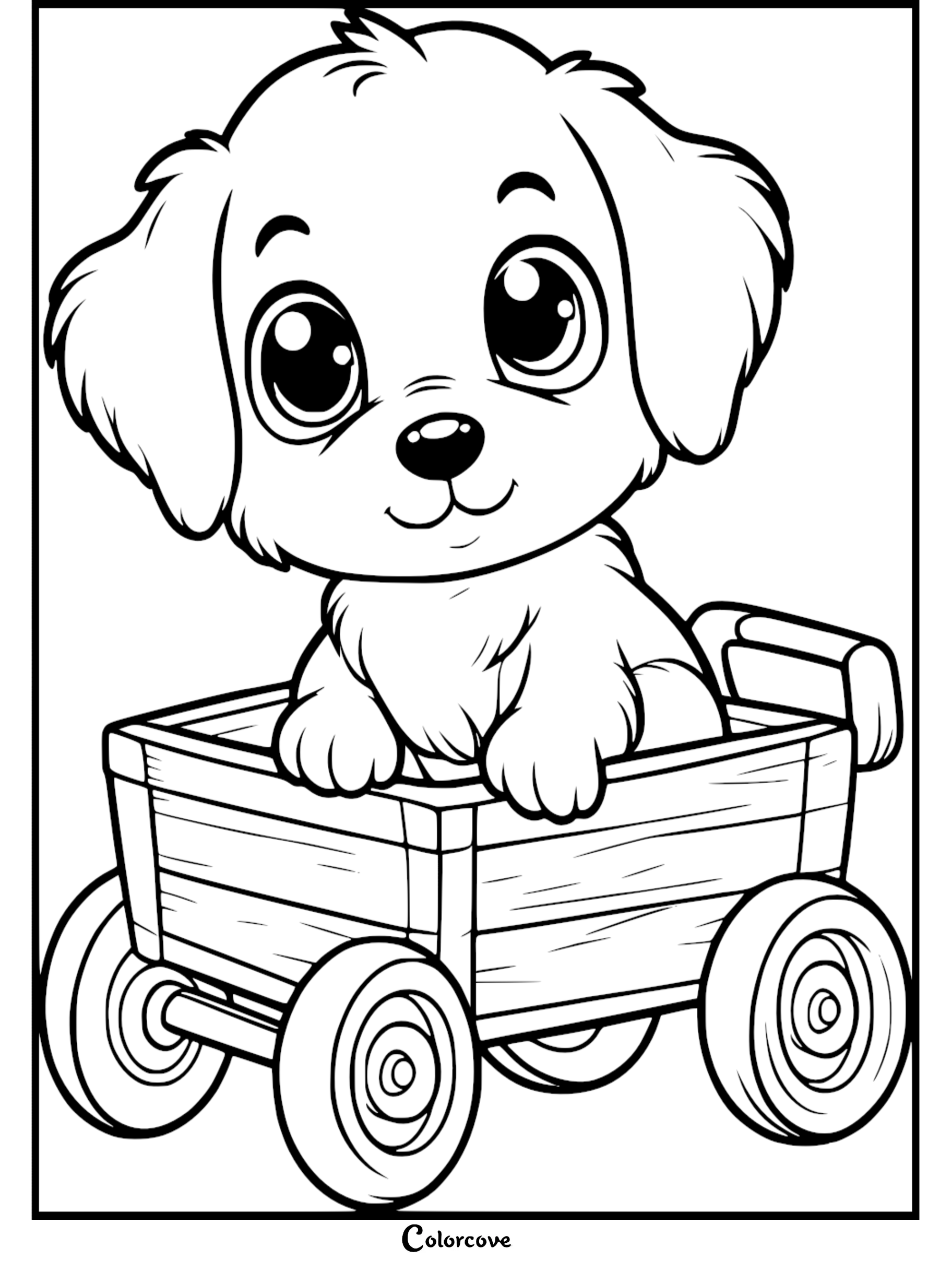 A cute puppy with large eyes sitting inside a wooden wagon, black and white line art coloring page.