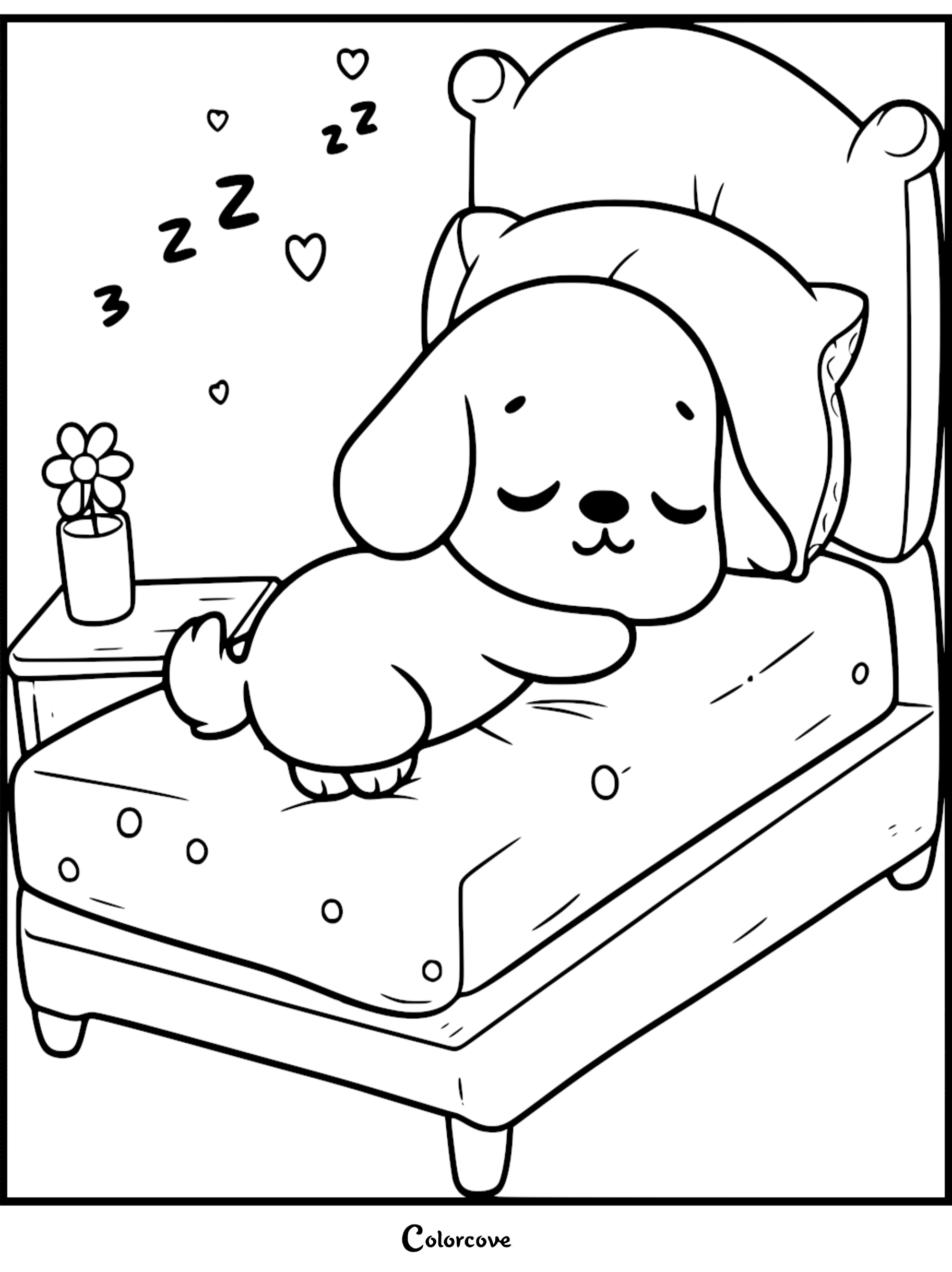 A cute puppy sleeping peacefully on a bed with a pillow, hearts, and Zzz symbols in this printable coloring page.