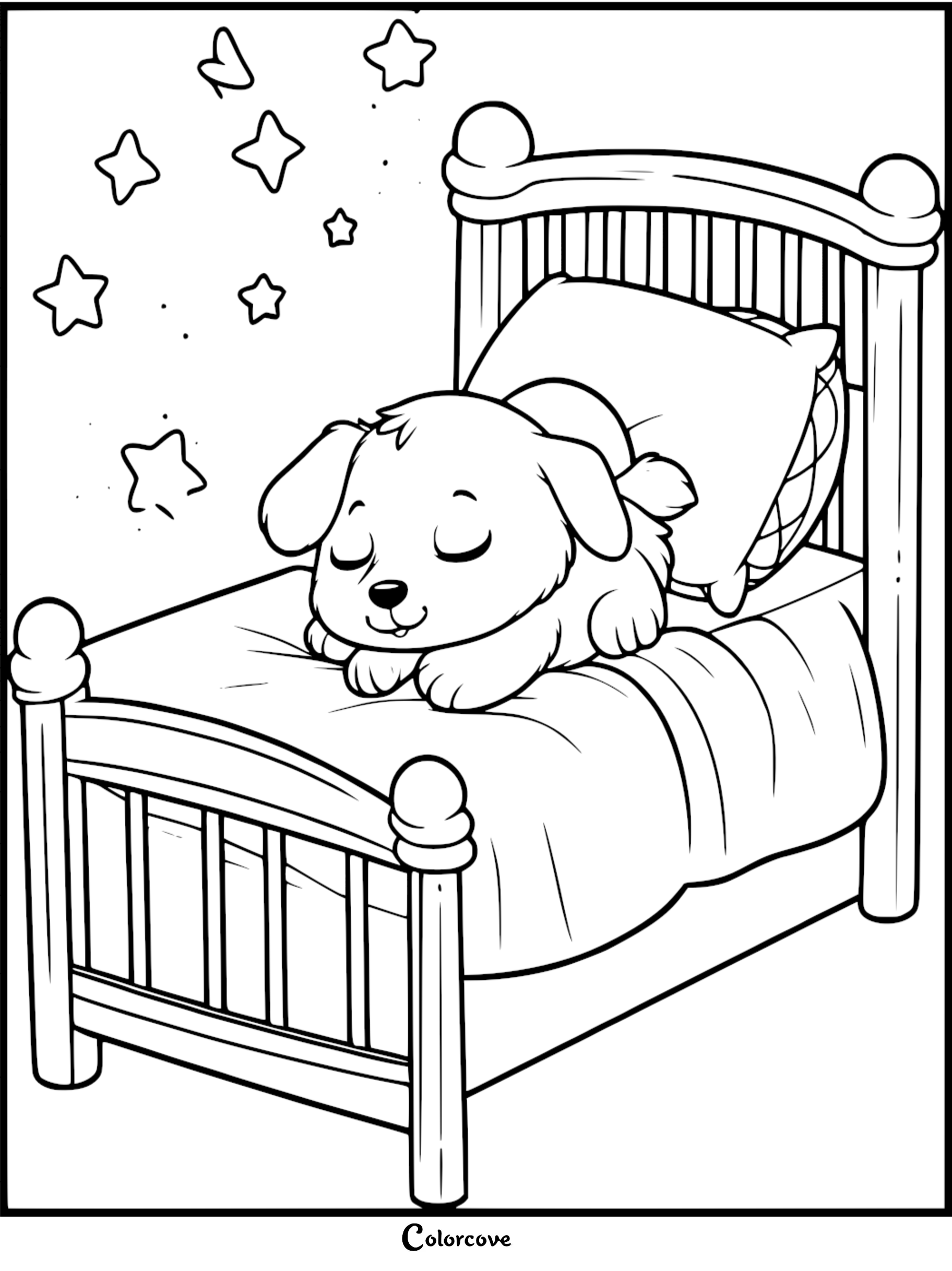 A cute puppy sleeping peacefully on a pillow in a wooden bed with stars in the background, printable coloring page.
