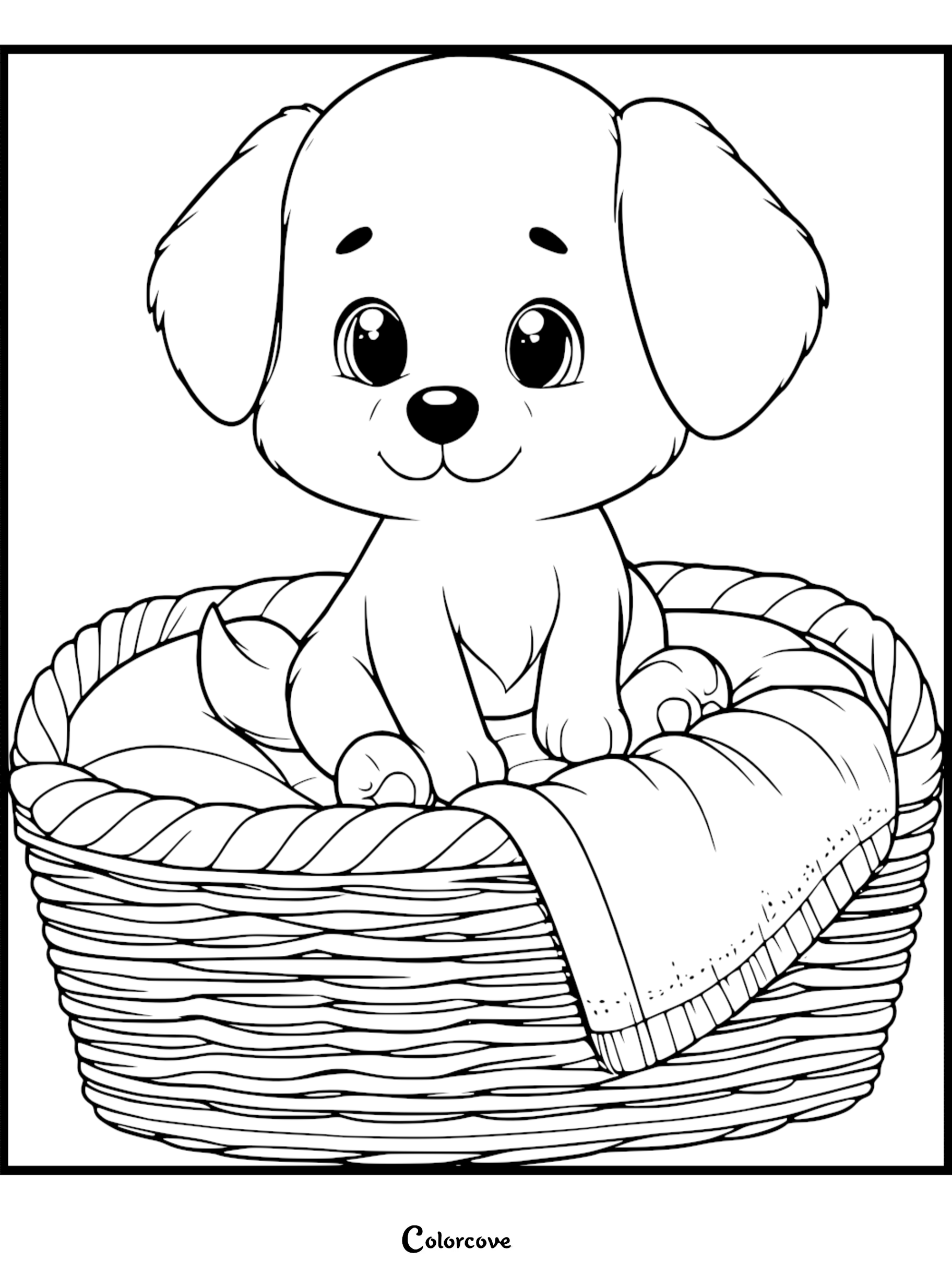 A cute puppy with large eyes sitting inside a woven wicker basket on a soft blanket, printable coloring page.
