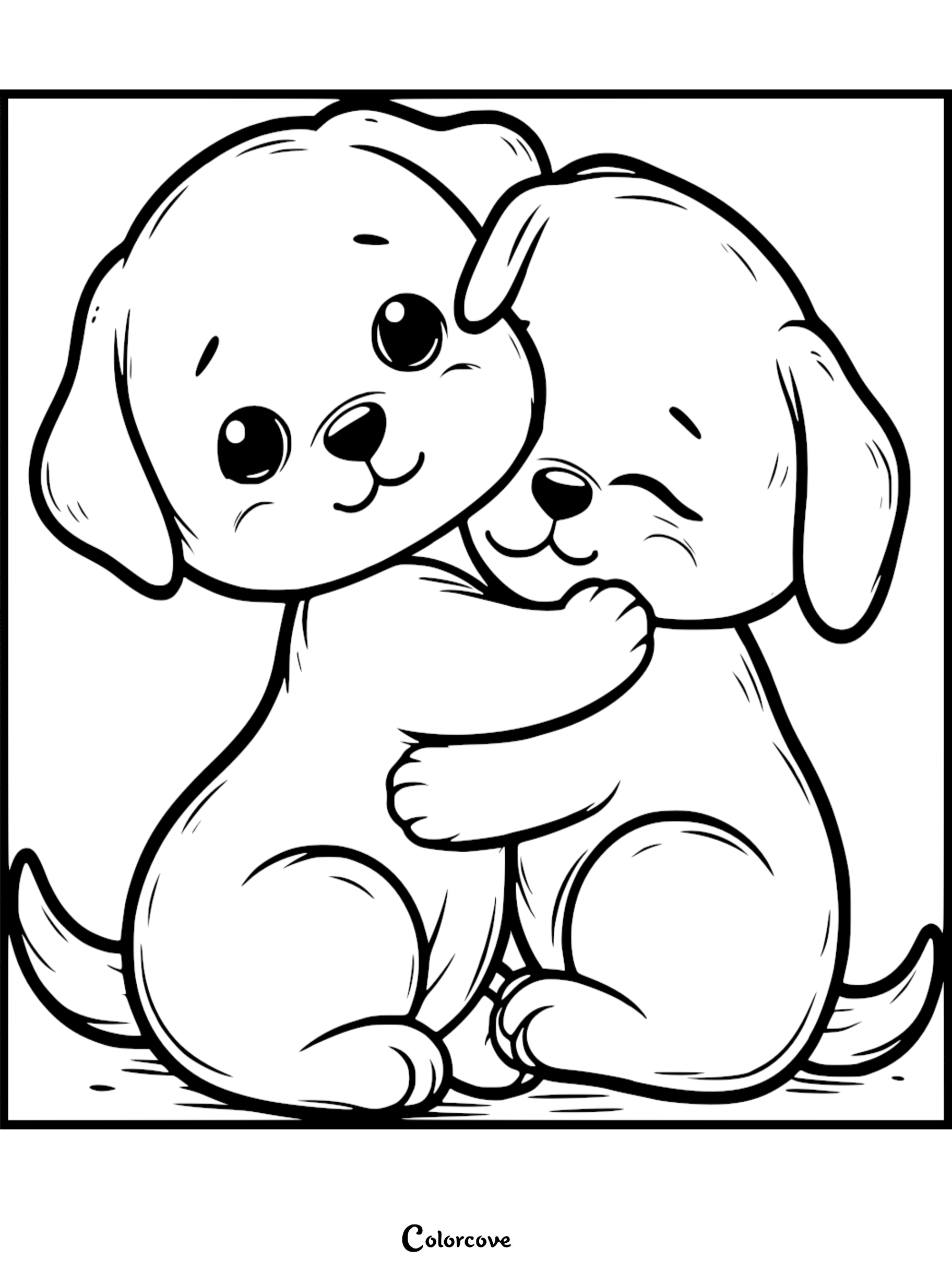 Two adorable puppies sharing a warm hug in this printable coloring page with bold outlines.