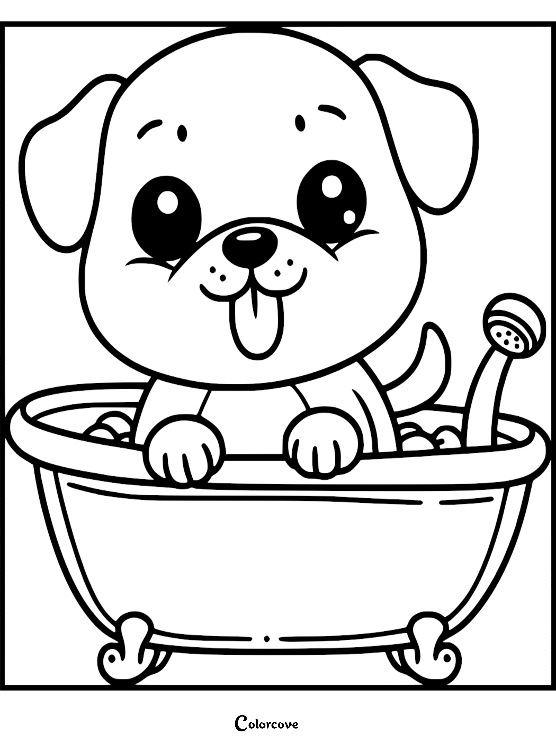 A cute puppy with large eyes sitting in a clawfoot bathtub with a showerhead, line art coloring page.