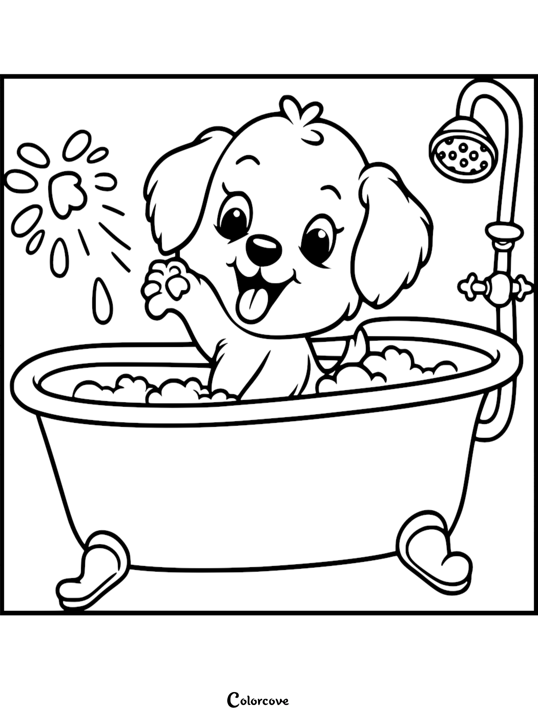 A cute puppy splashing in a clawfoot bathtub with bubbles and a showerhead in this printable coloring page.