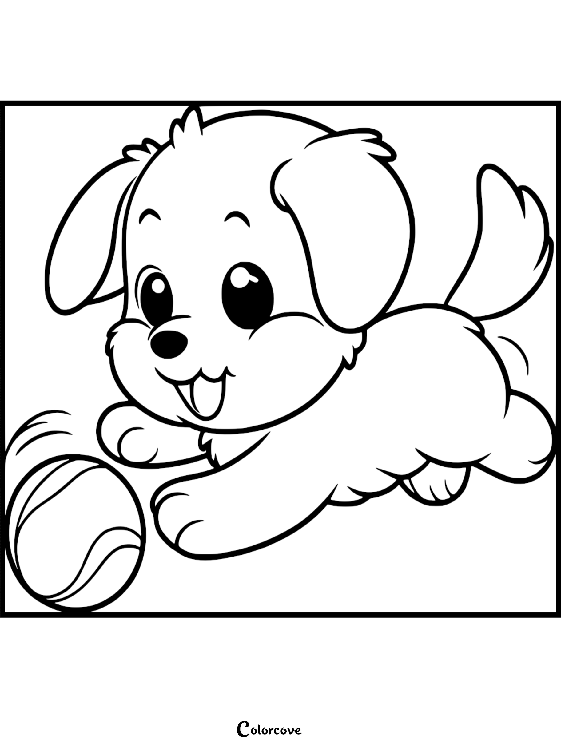 A cute puppy with floppy ears and big eyes chasing a tennis ball in this printable coloring page.