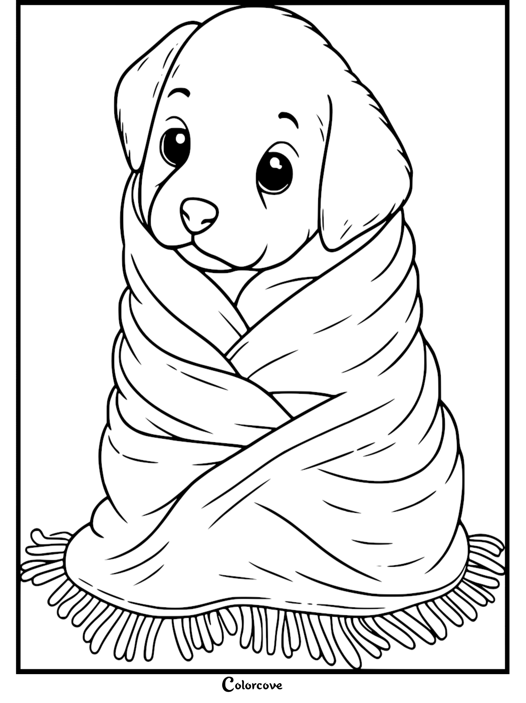 A cute puppy with large expressive eyes wrapped snugly in a fringed blanket, line art coloring page.