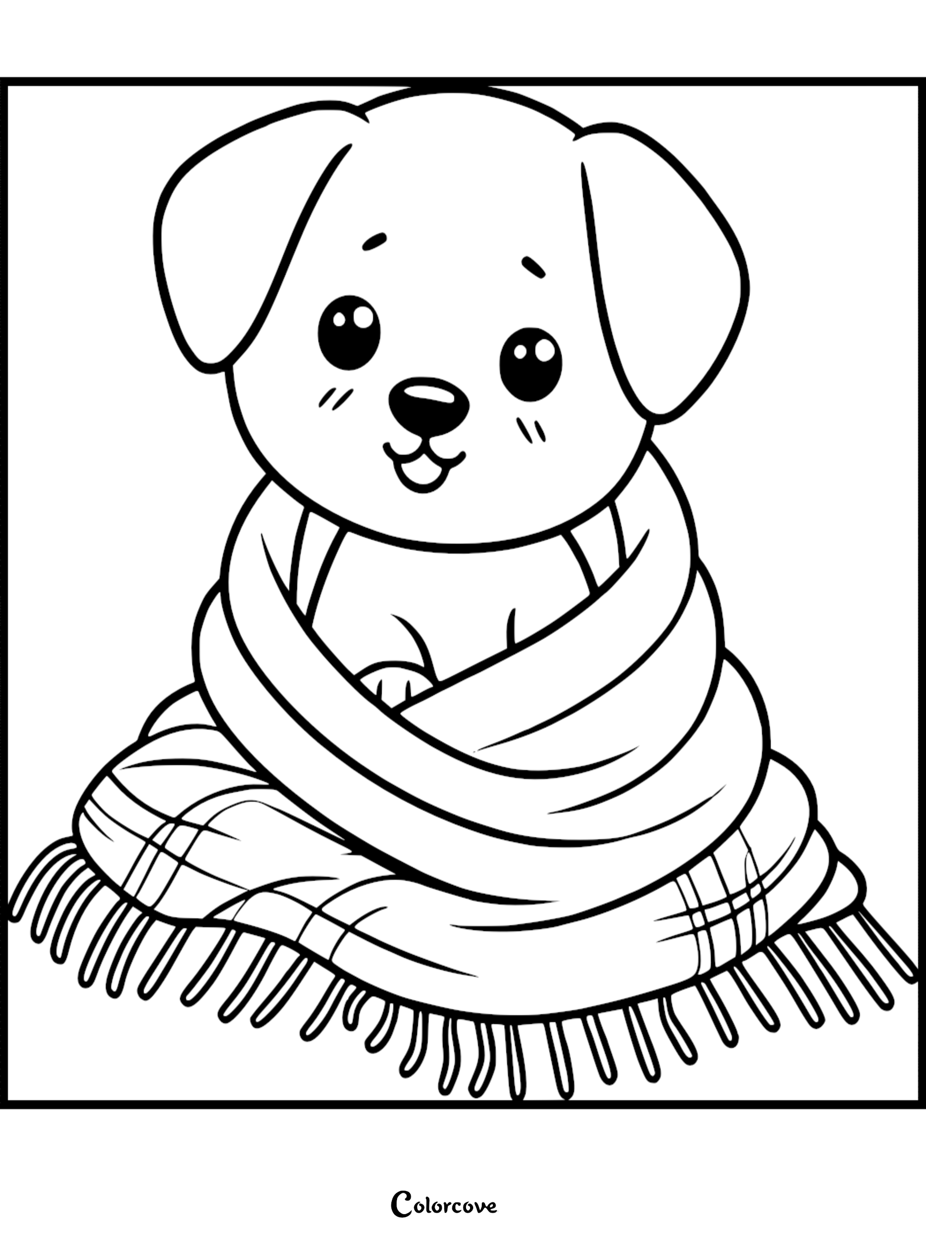 A cute puppy with large eyes wrapped in a cozy plaid blanket, line art coloring page.