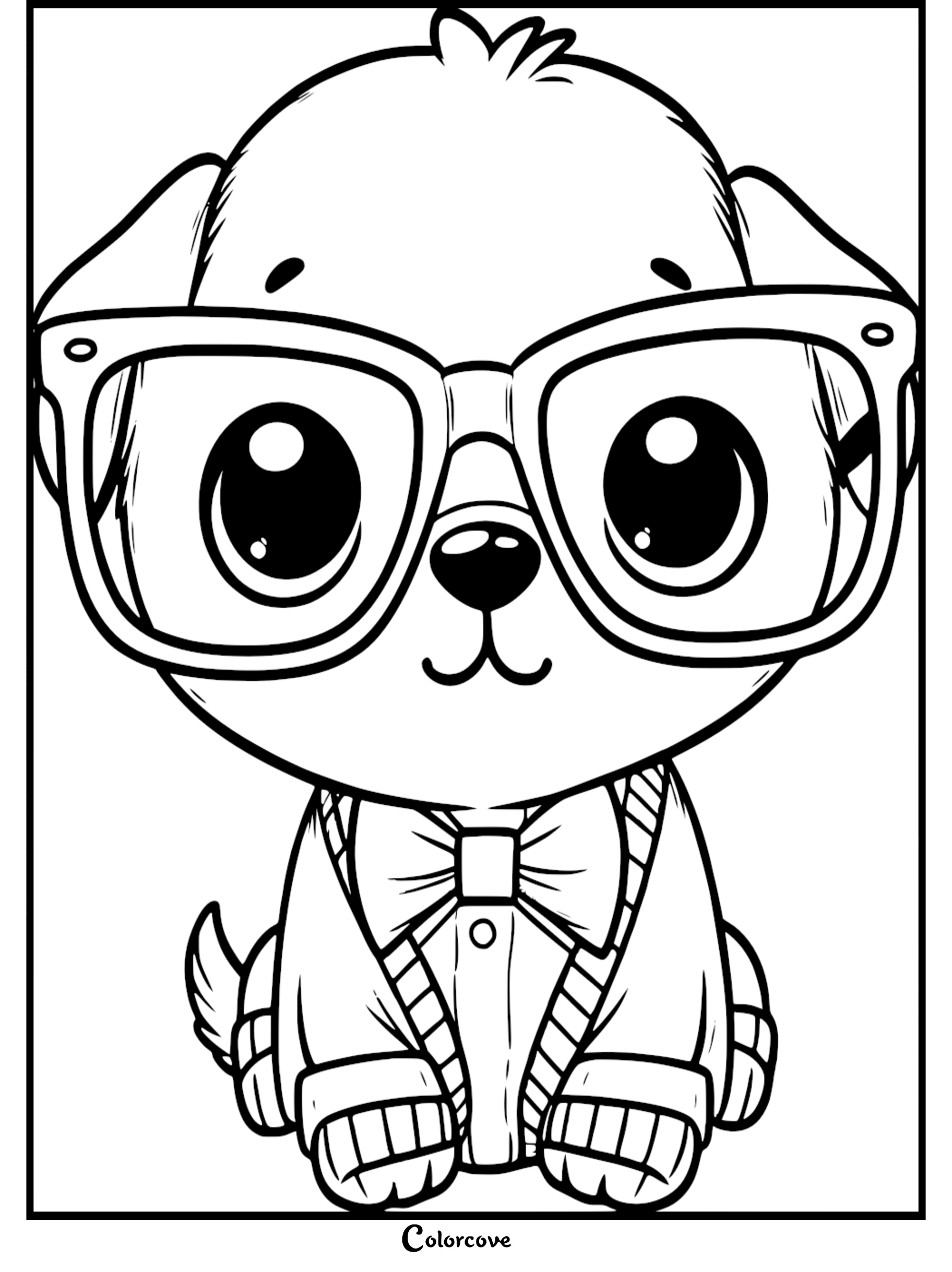 A cute puppy wearing large glasses and a bowtie in this printable coloring page.