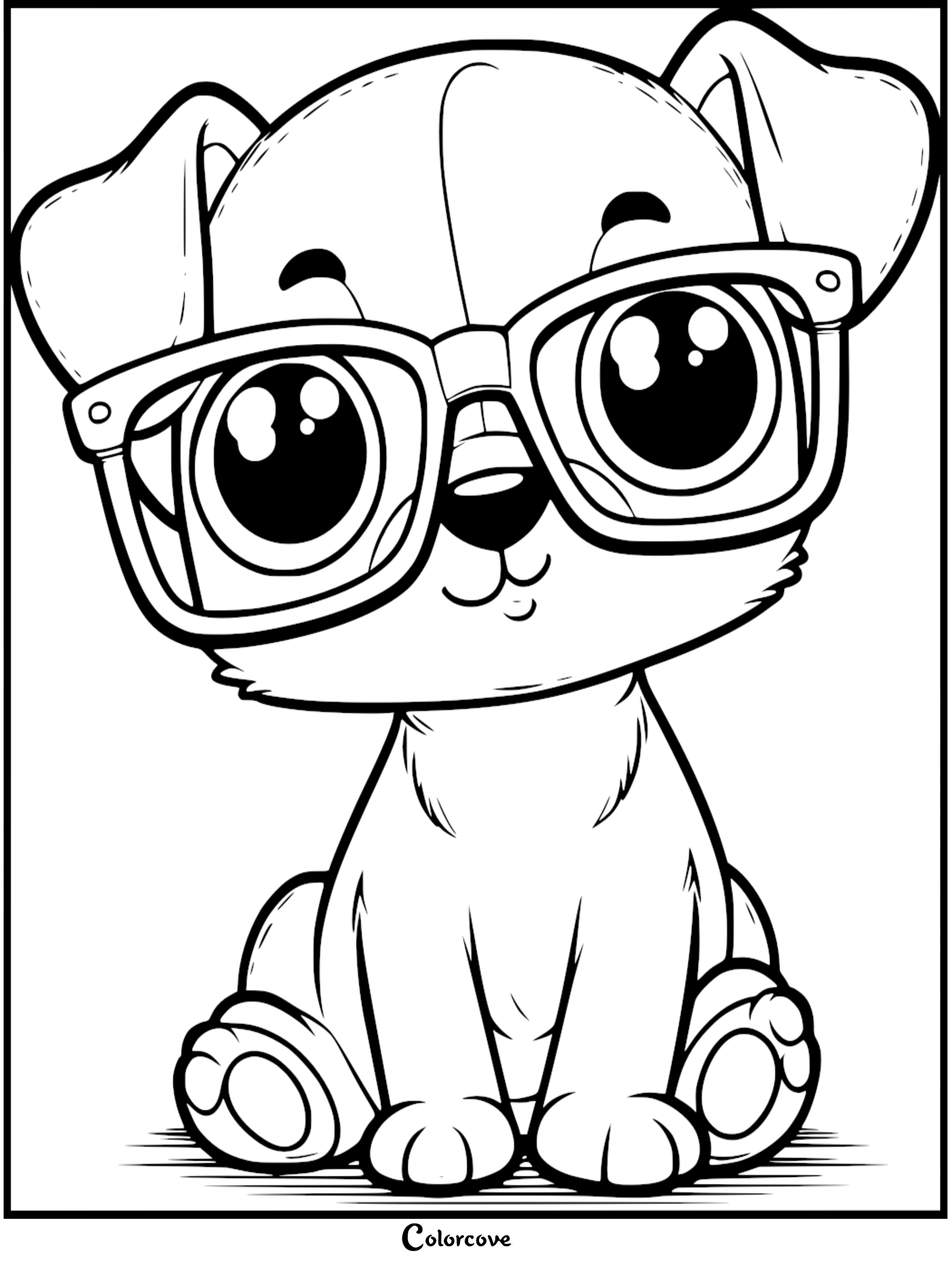A cute puppy with oversized glasses and large expressive eyes in a line art coloring page style.