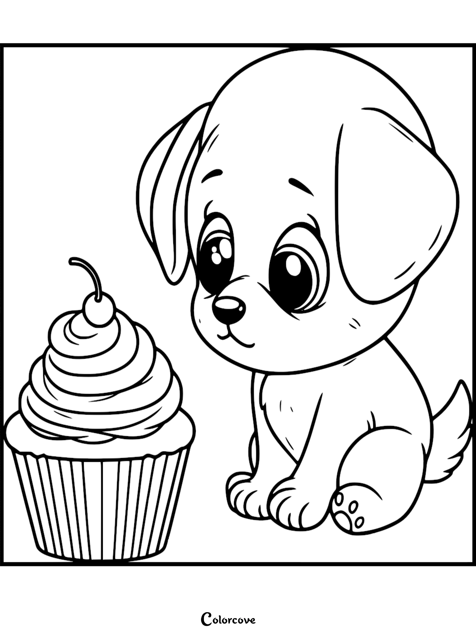 A cute puppy with large expressive eyes sitting next to a frosted cupcake topped with a cherry in this printable coloring page.