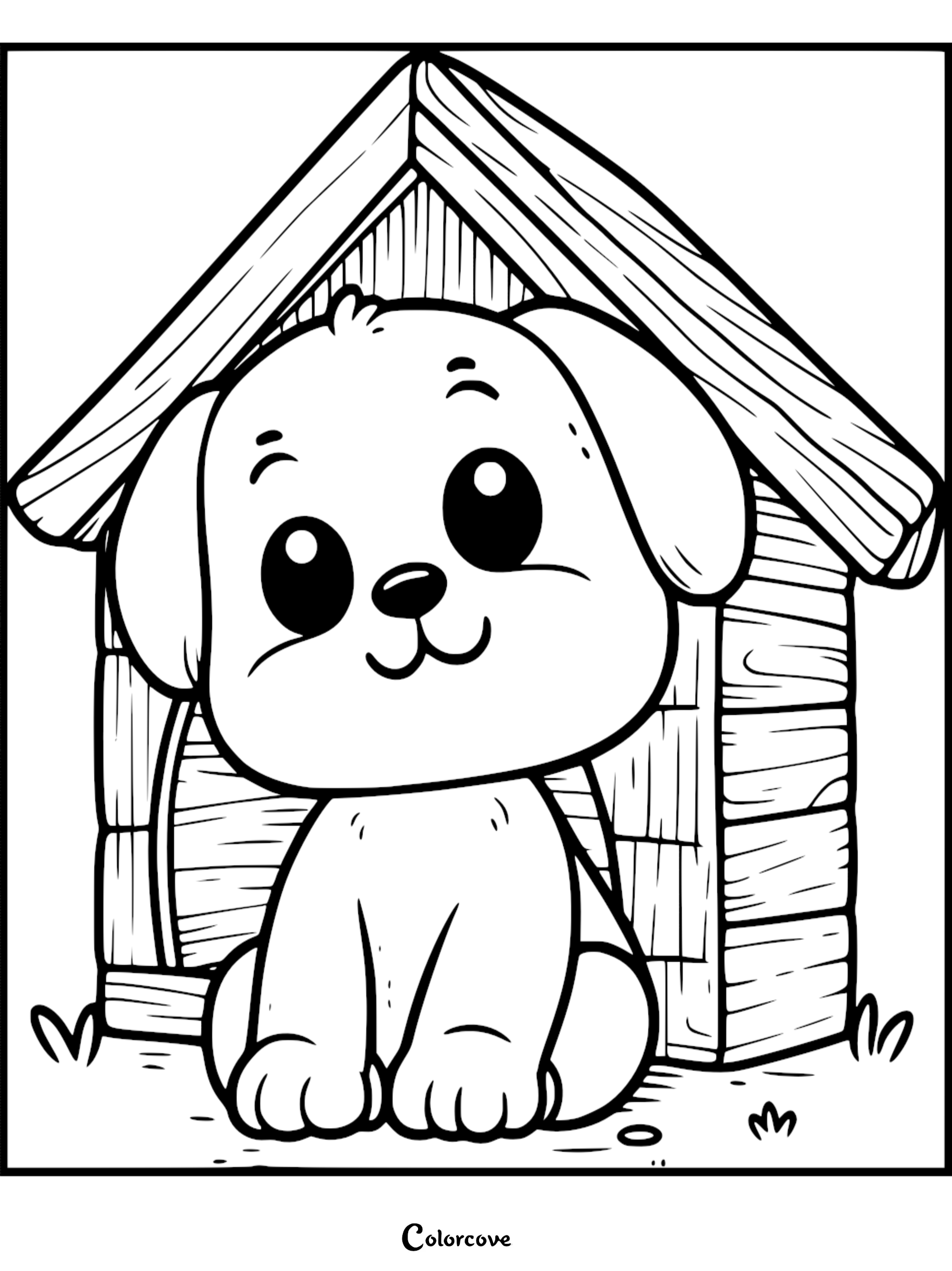 A cute puppy with large eyes sitting in front of a wooden doghouse in this printable coloring page.