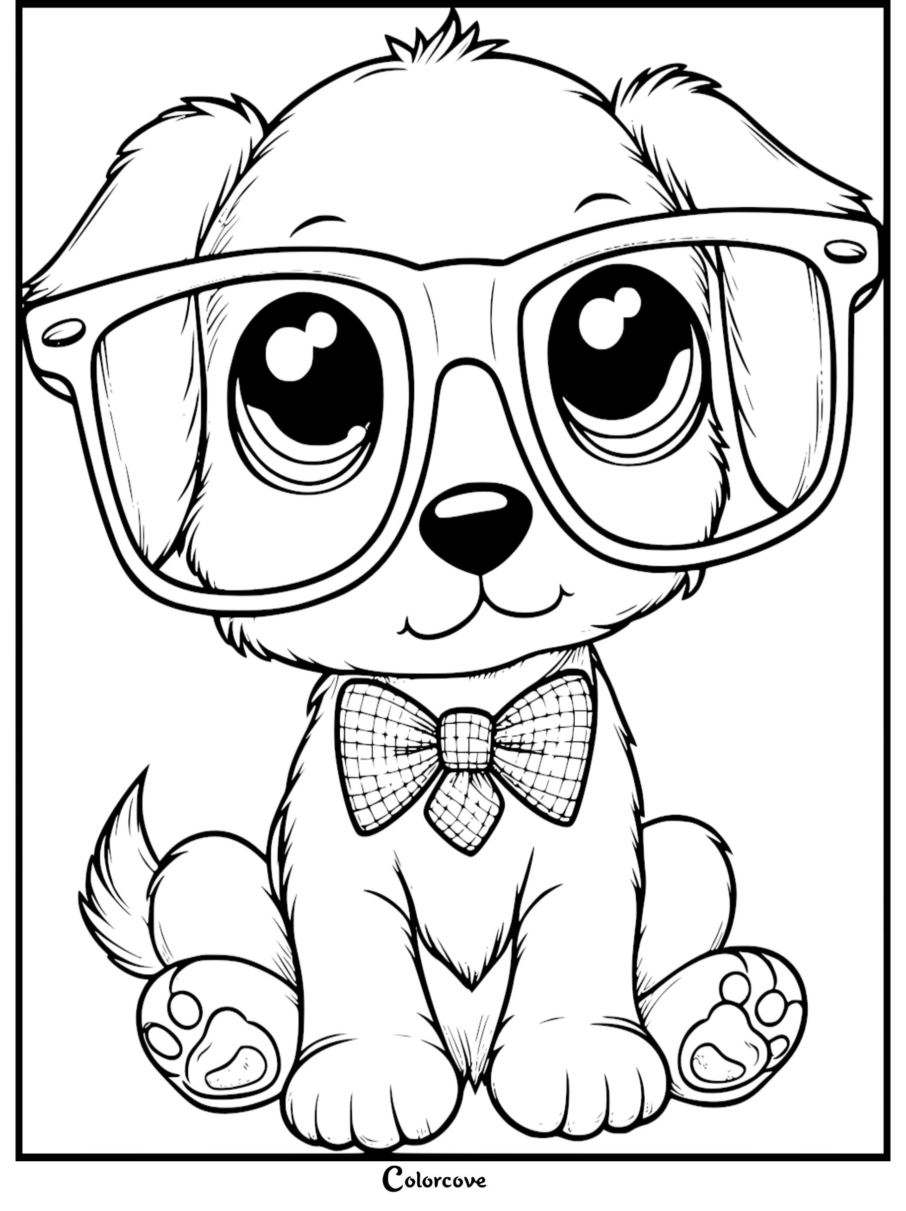A cute puppy wearing oversized glasses and a checkered bowtie in this printable coloring page.