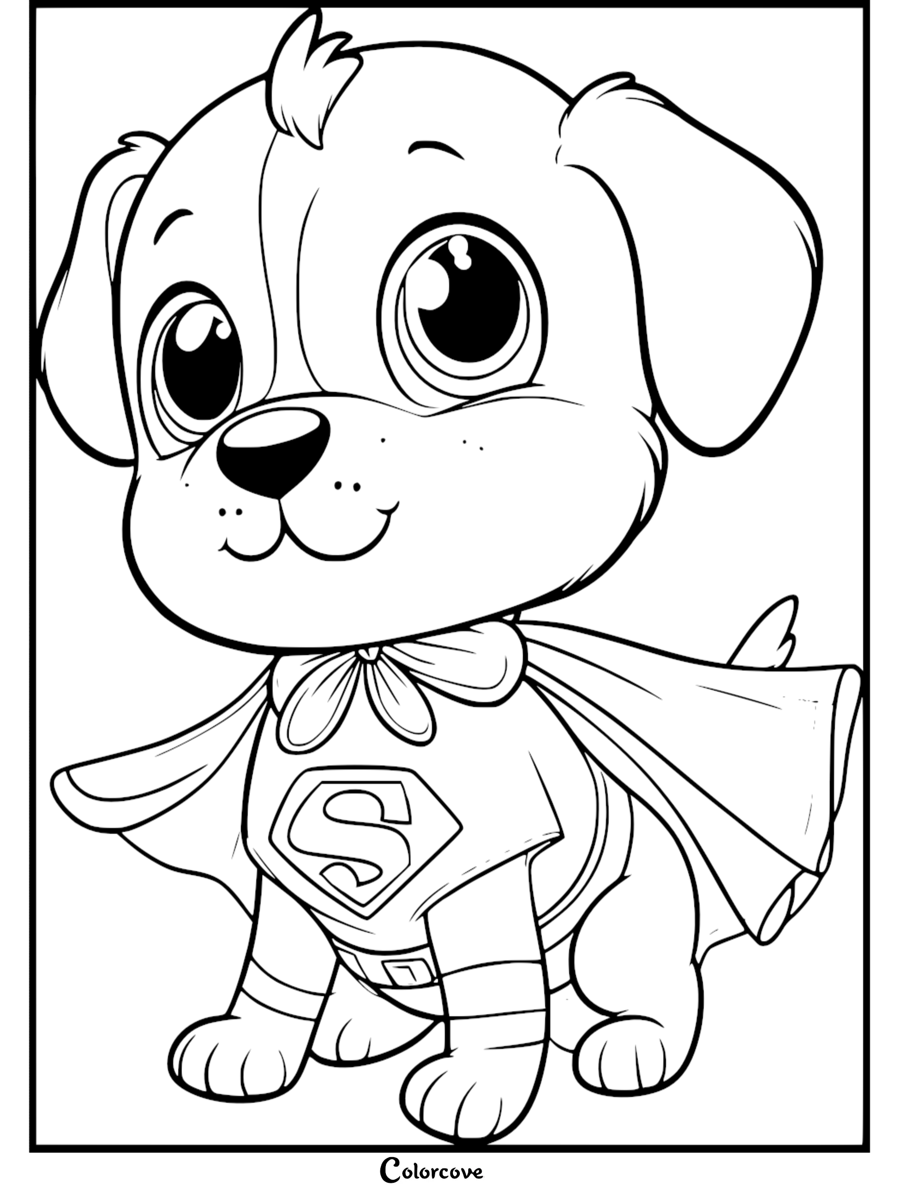 Krypto the Superdog wearing a cape with an S emblem in this cute puppy coloring page.