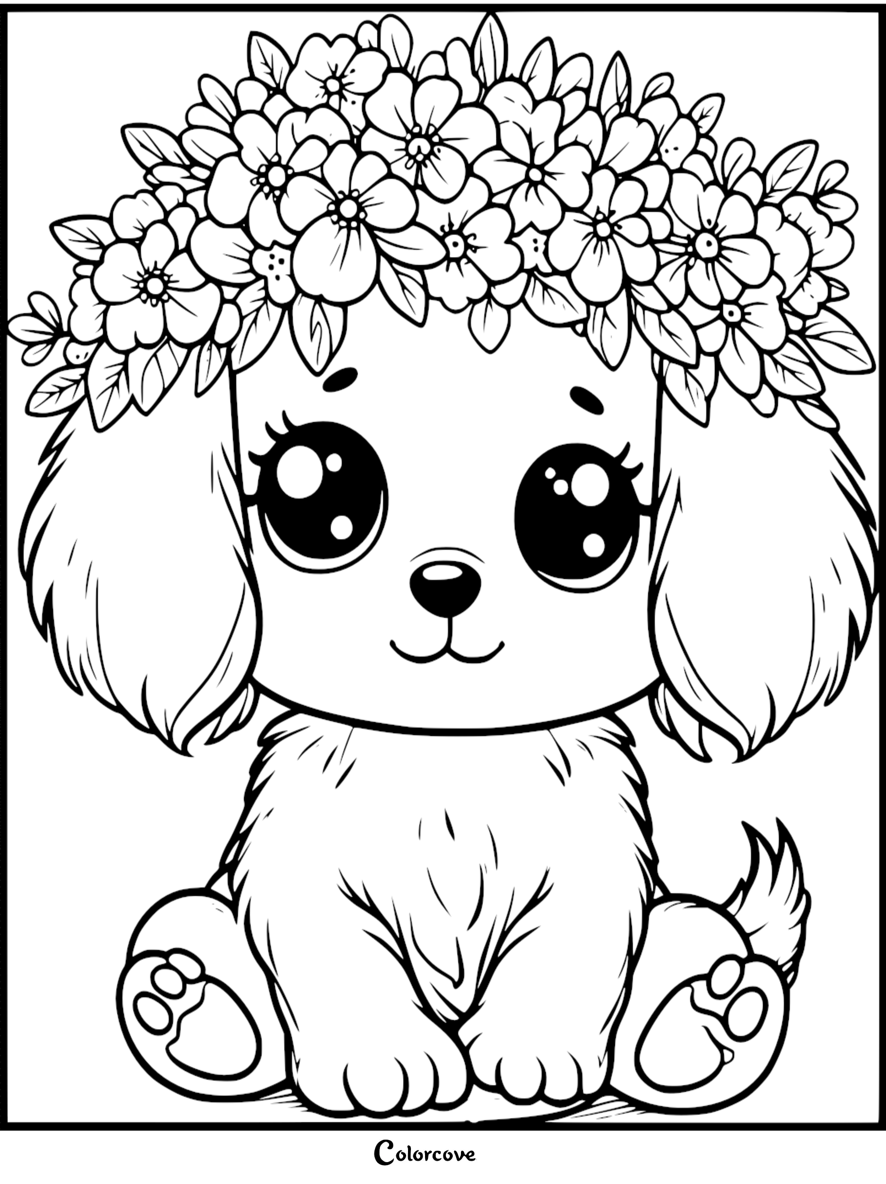 A cute puppy with large expressive eyes wearing a detailed floral crown in this printable coloring page.