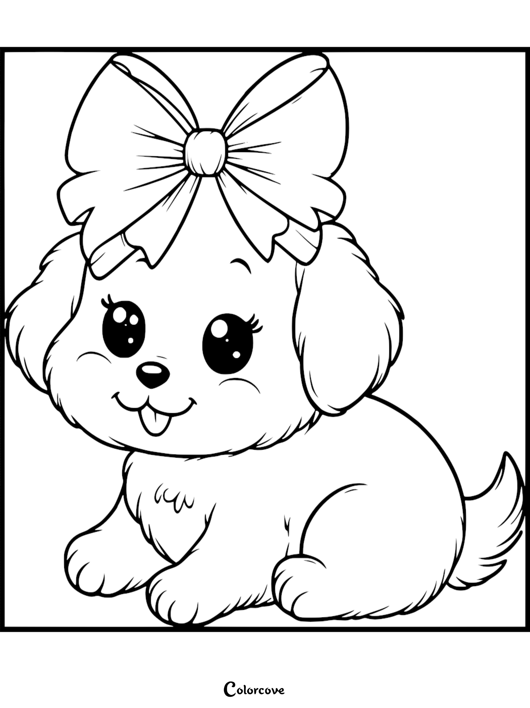 A cute puppy with a large bow on its head, featuring big eyes and a happy expression, in a line art coloring page style.
