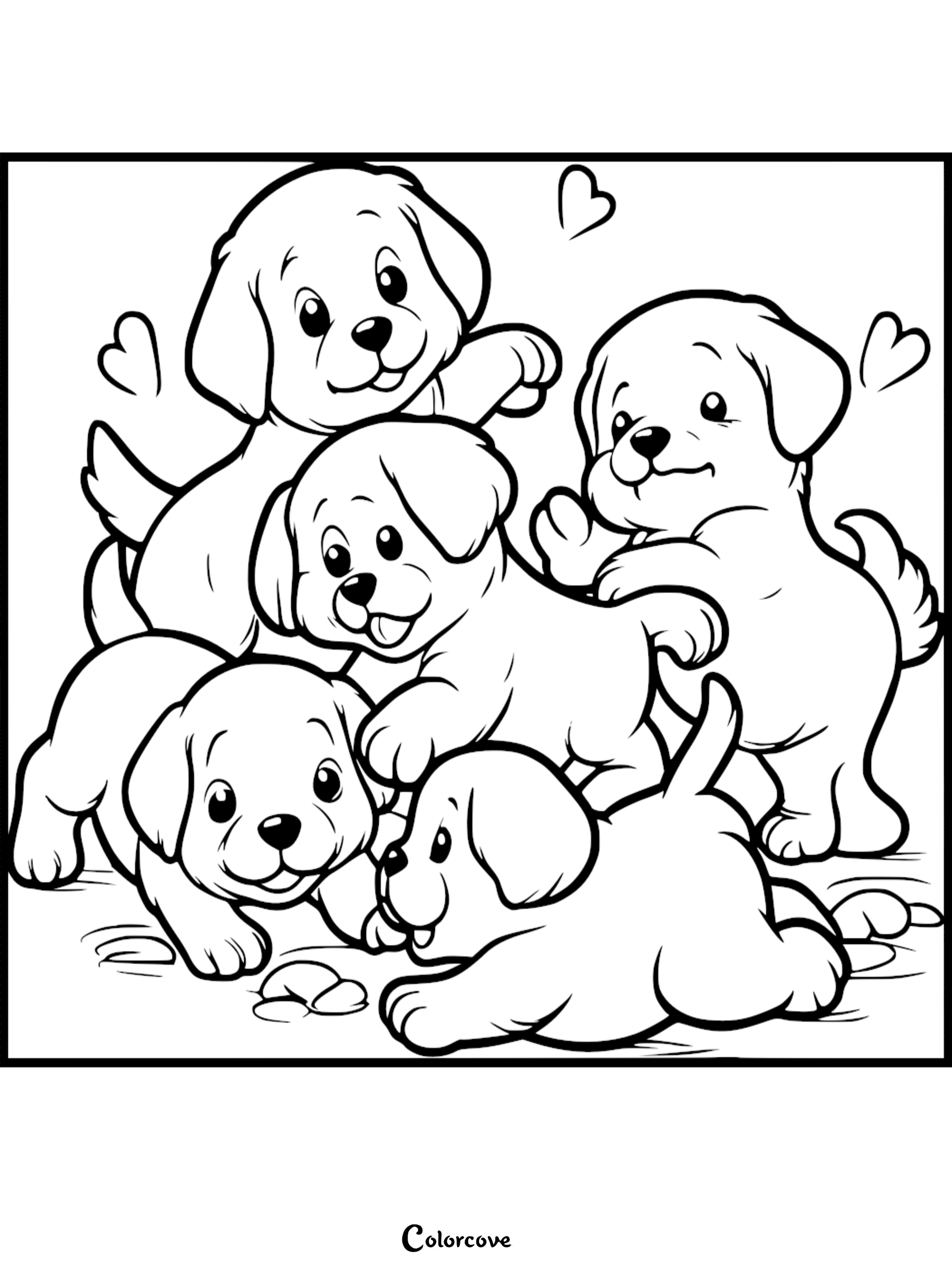 Five adorable puppies playing together in a group, surrounded by floating heart shapes, in a clean line art coloring page style.