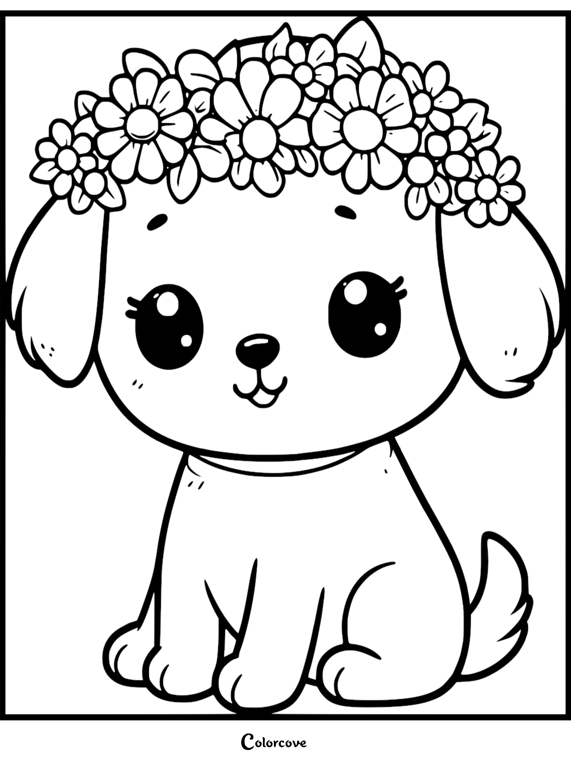 A cute puppy wearing a large floral crown in this printable coloring page for kids.