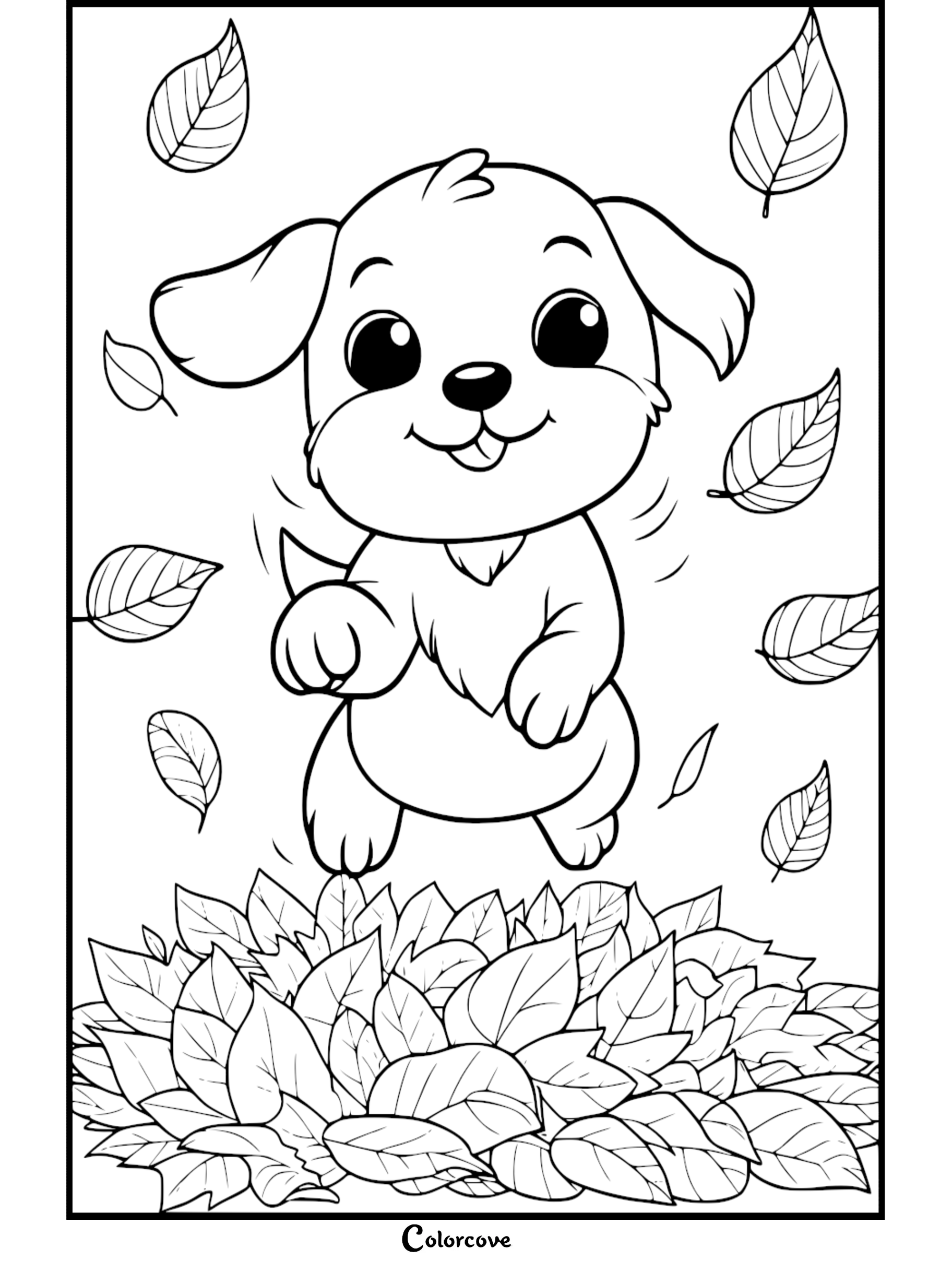 A cute puppy jumping into a pile of autumn leaves, coloring page featuring a happy dog surrounded by falling foliage.