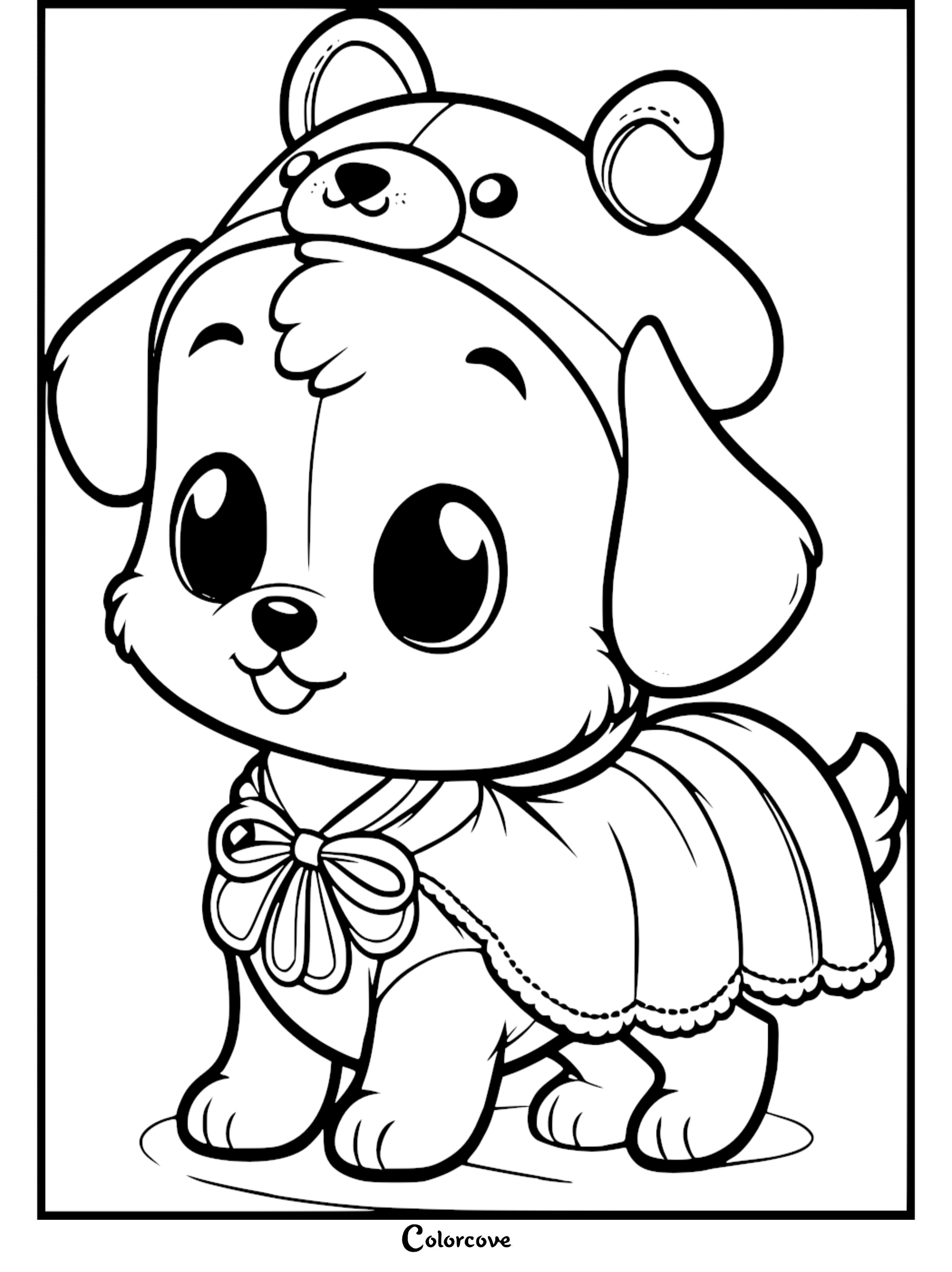 A cute puppy wearing a bear-themed hood and a cape with a bow, line art coloring page.