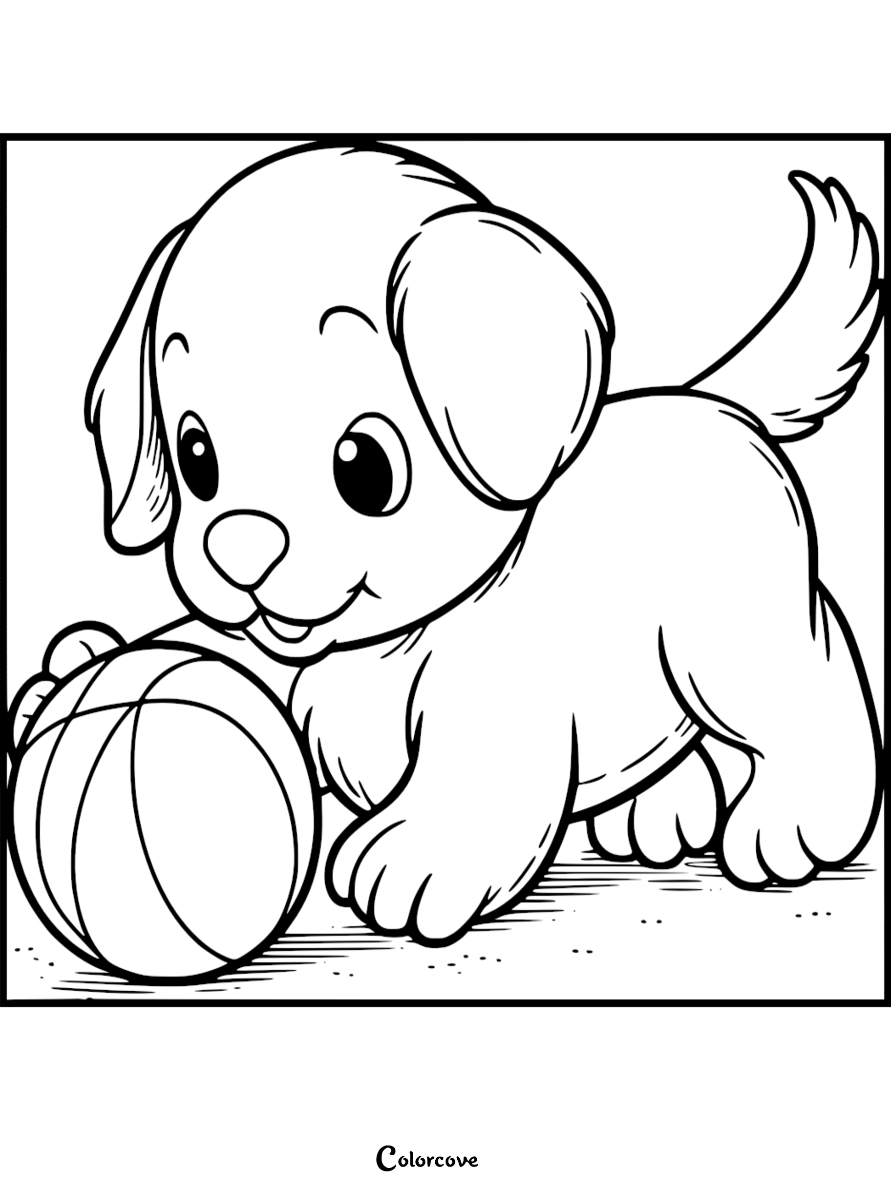 A cute puppy with floppy ears and a wagging tail playing with a round ball in this printable coloring page.