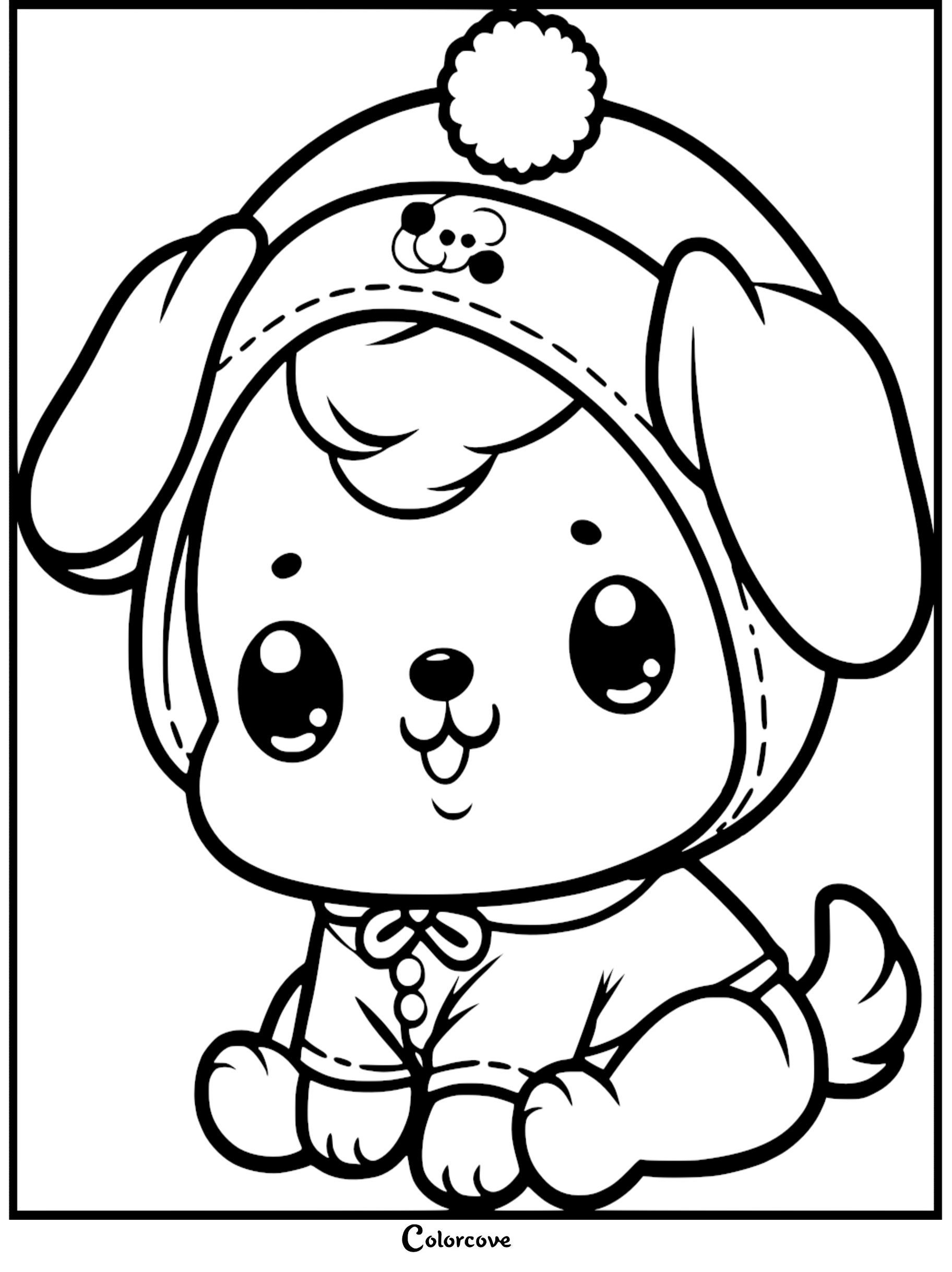 A cute puppy wearing a winter hat with a pom-pom and a small dog icon, sitting down in this printable coloring page.