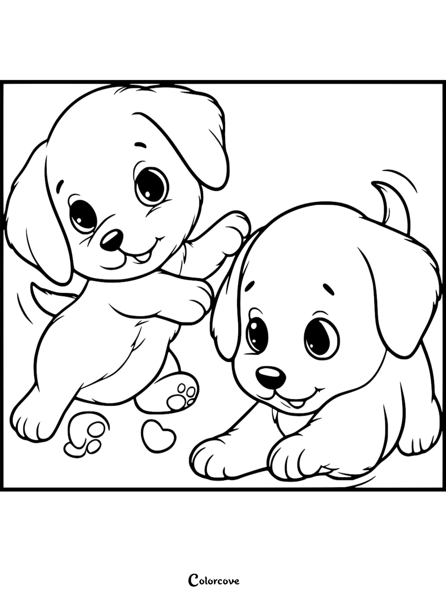 Two adorable puppies playing together in a line art coloring page with one standing and one lying down.