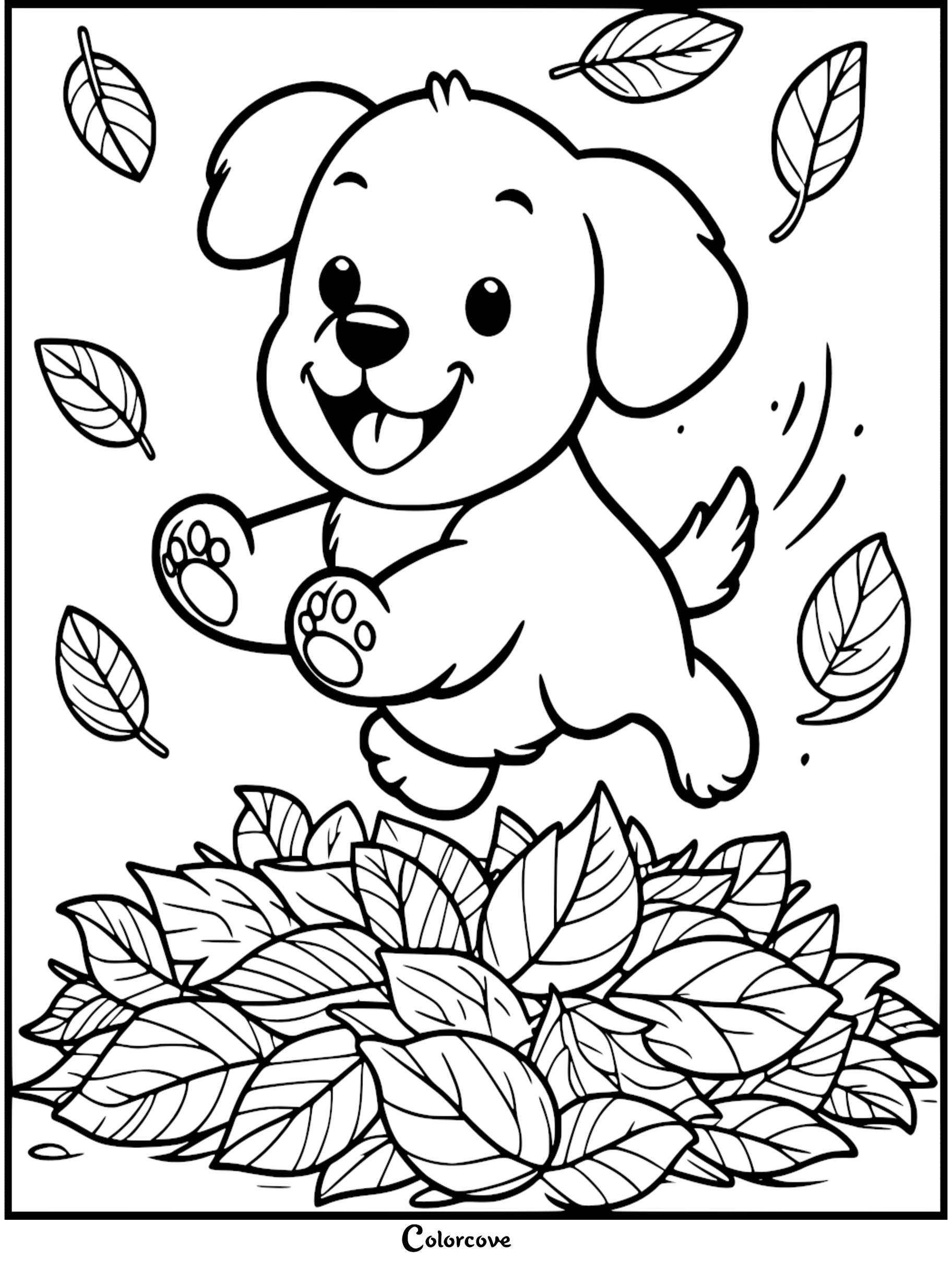 A happy puppy jumping into a pile of autumn leaves, coloring page with bold outlines.