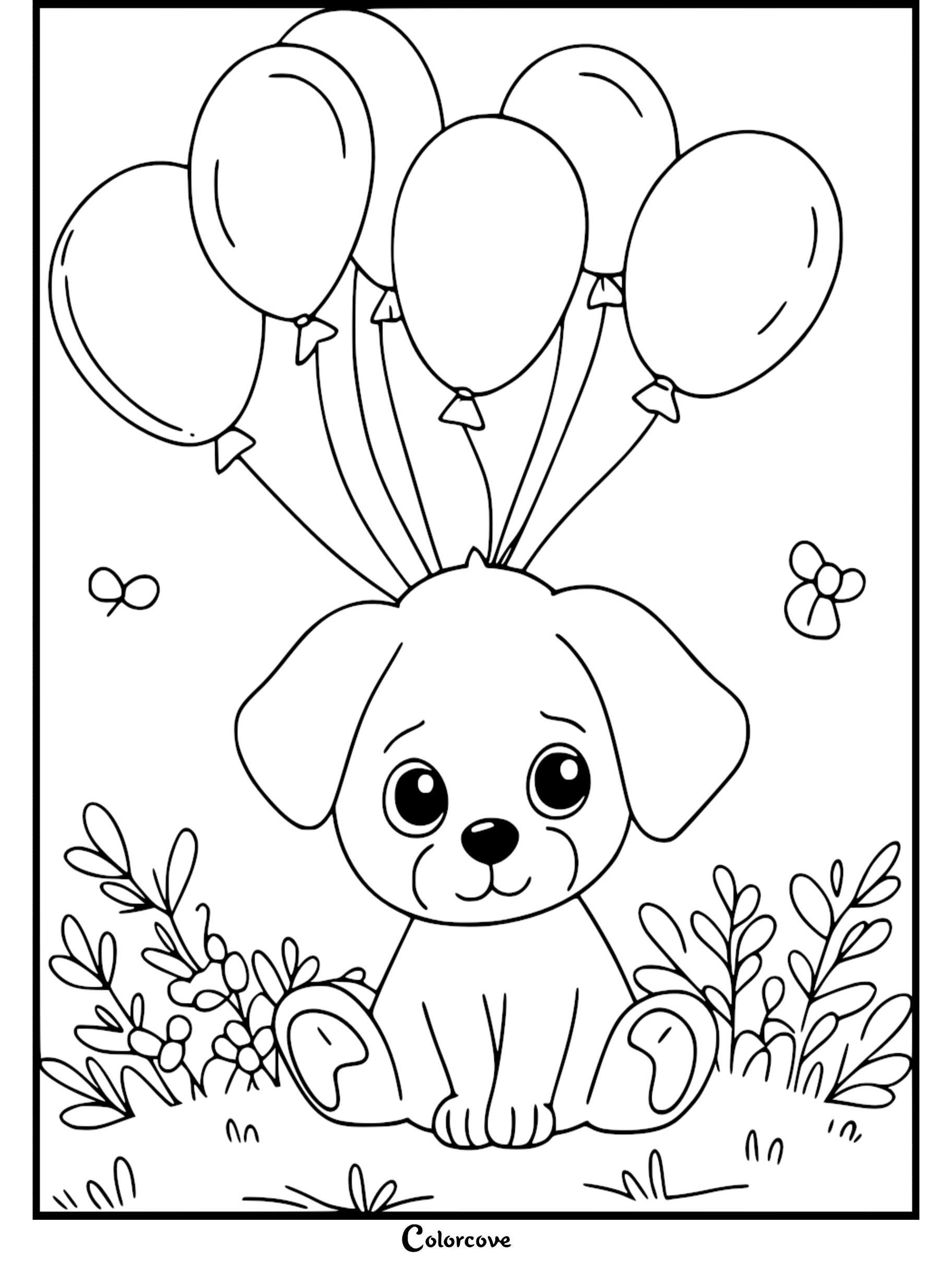 A cute puppy sitting in the grass holding a bunch of balloons in this printable coloring page.