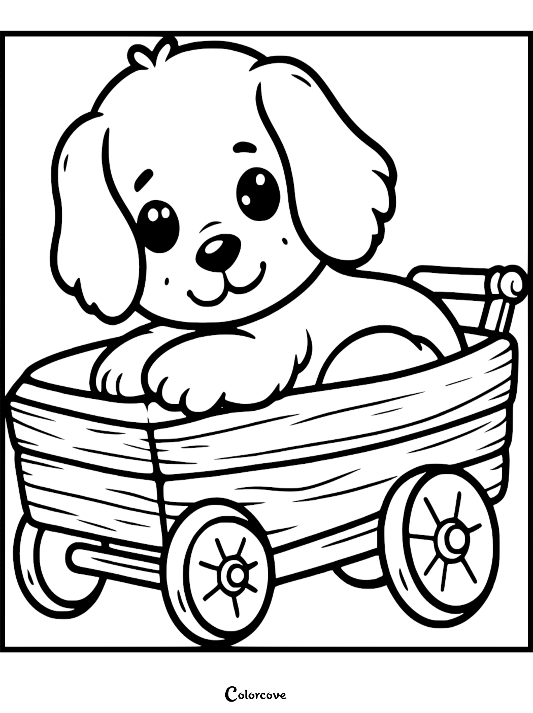 A cute puppy with large eyes sitting inside a wooden wagon, line art coloring page.