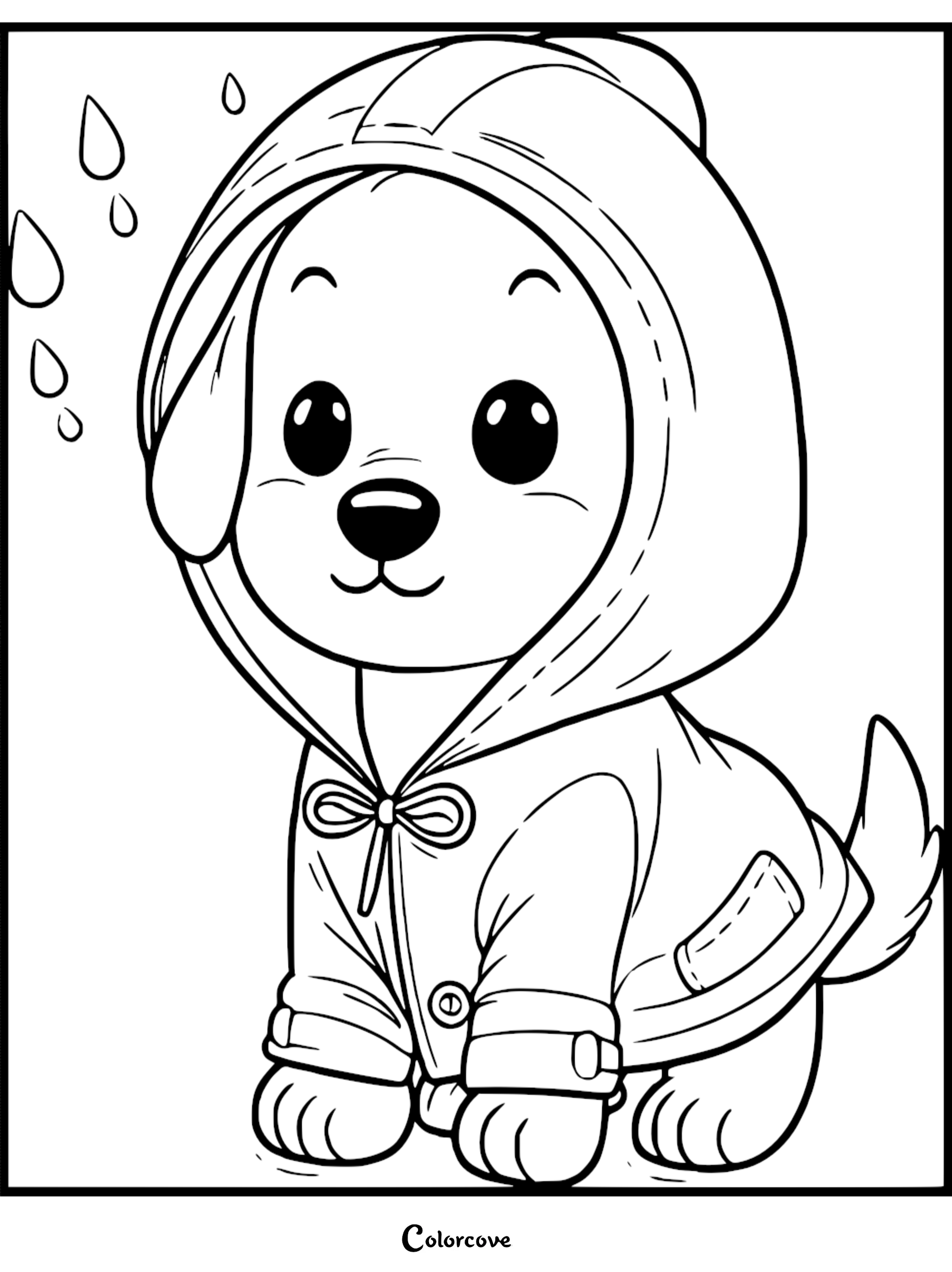 A cute puppy wearing a hooded raincoat during a rain shower, line art coloring page.
