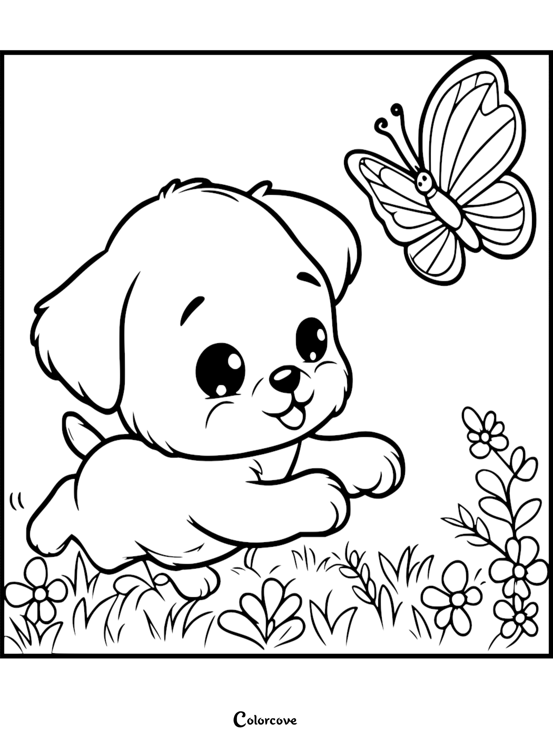 A cute puppy with large eyes chasing a butterfly in a flower garden, printable coloring page.
