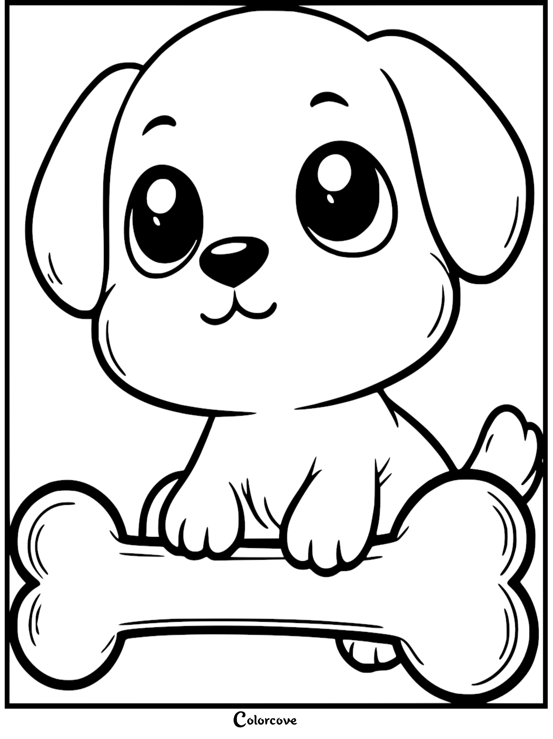 A cute puppy with large expressive eyes resting its paws on a large dog bone in this printable coloring page.