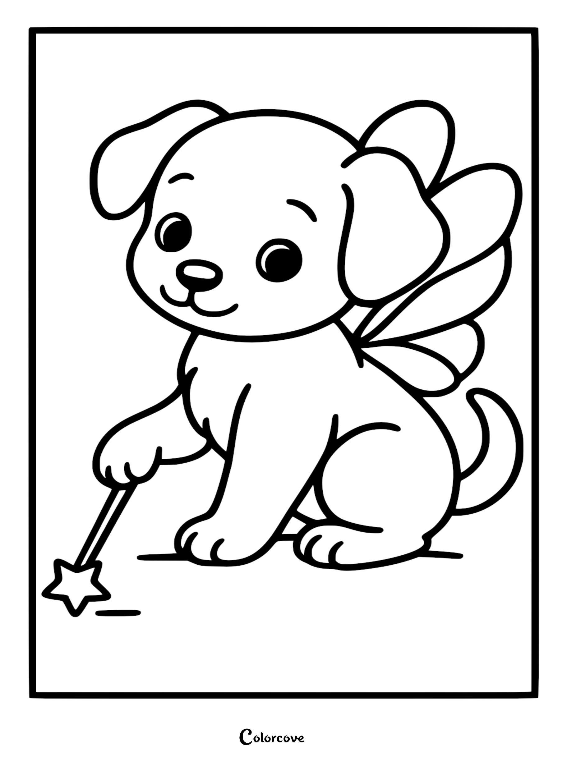 A cute puppy with fairy wings holding a star-tipped magic wand in this printable coloring page.